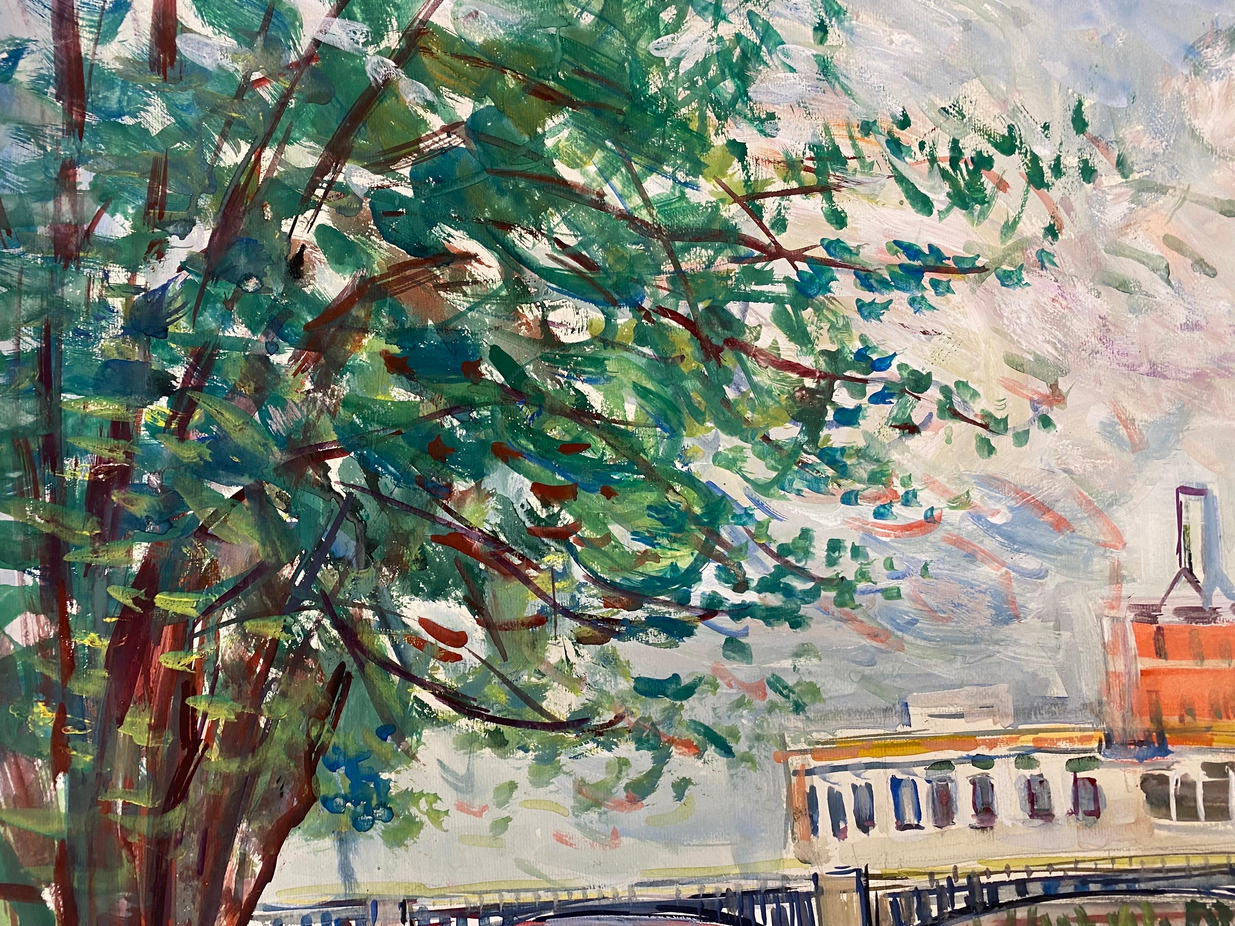 Paysage coloré français d'origine du milieu du siècle, pont français - Post-impressionnisme Painting par Édouard Righetti (1924-2001)