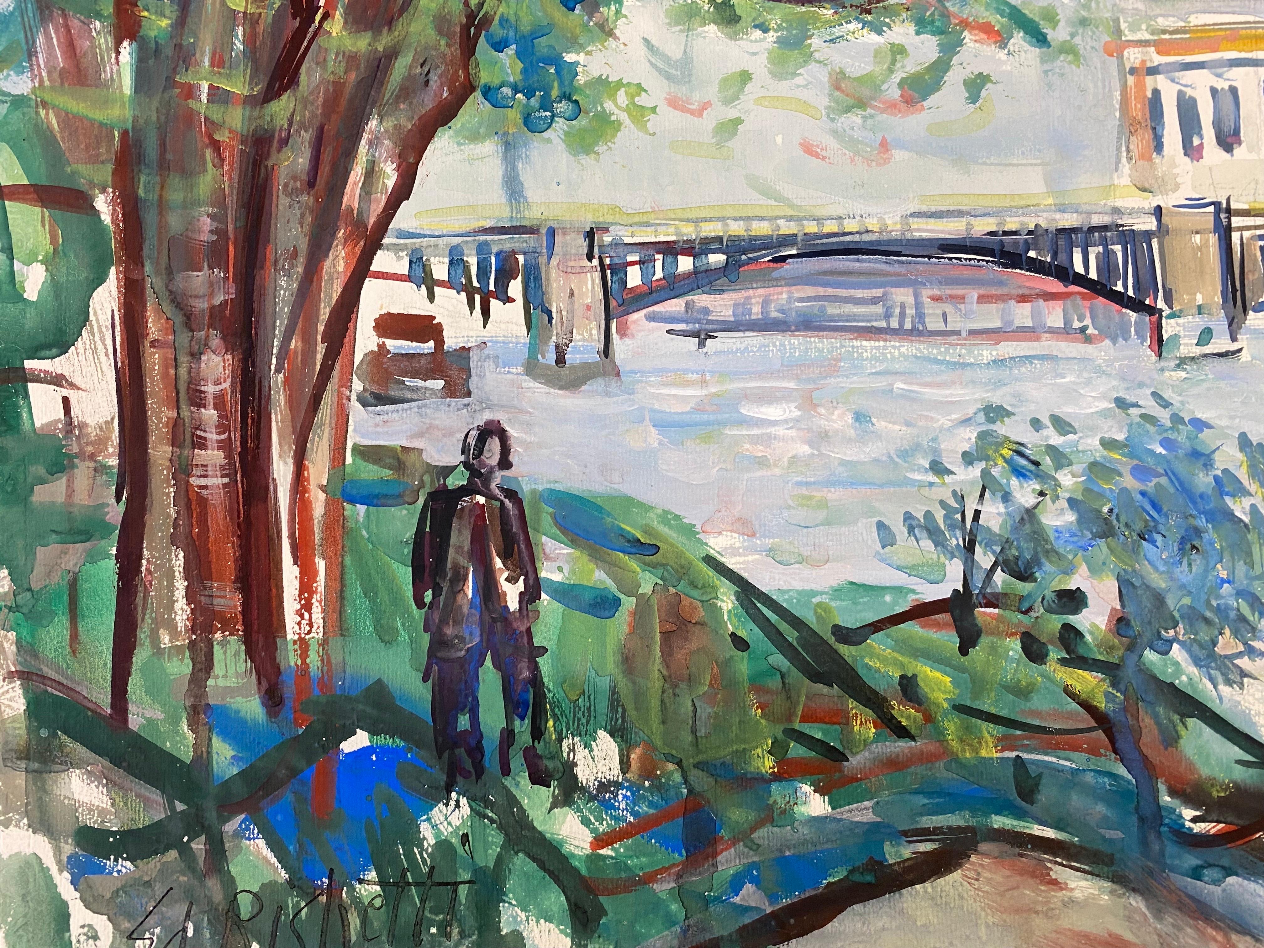 Paisaje colorido original francés de mediados de siglo, Puente francés - Landscape Painting Gris de Édouard Righetti (1924-2001)