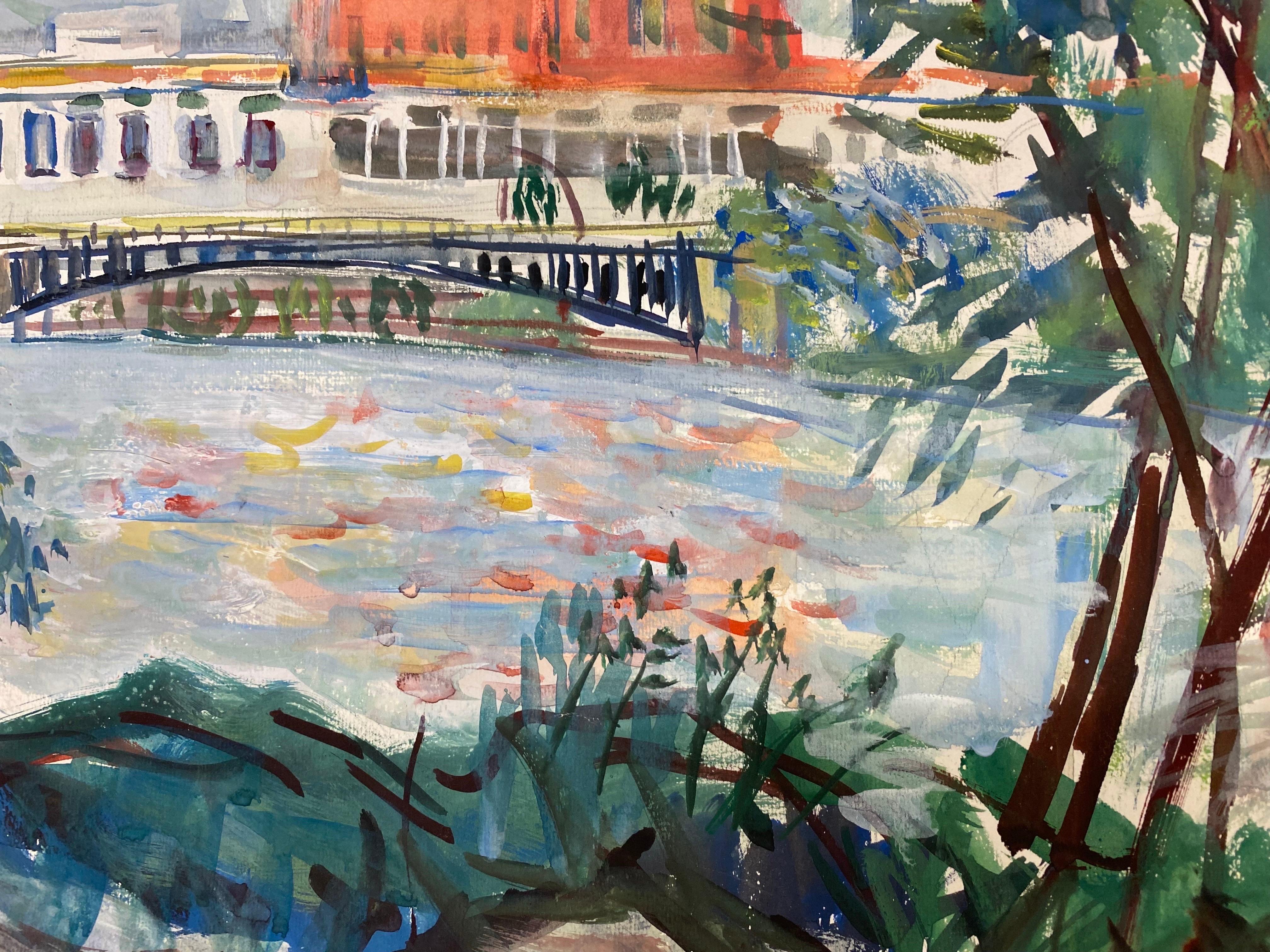 Paisaje colorido original francés de mediados de siglo, Puente francés en venta 1