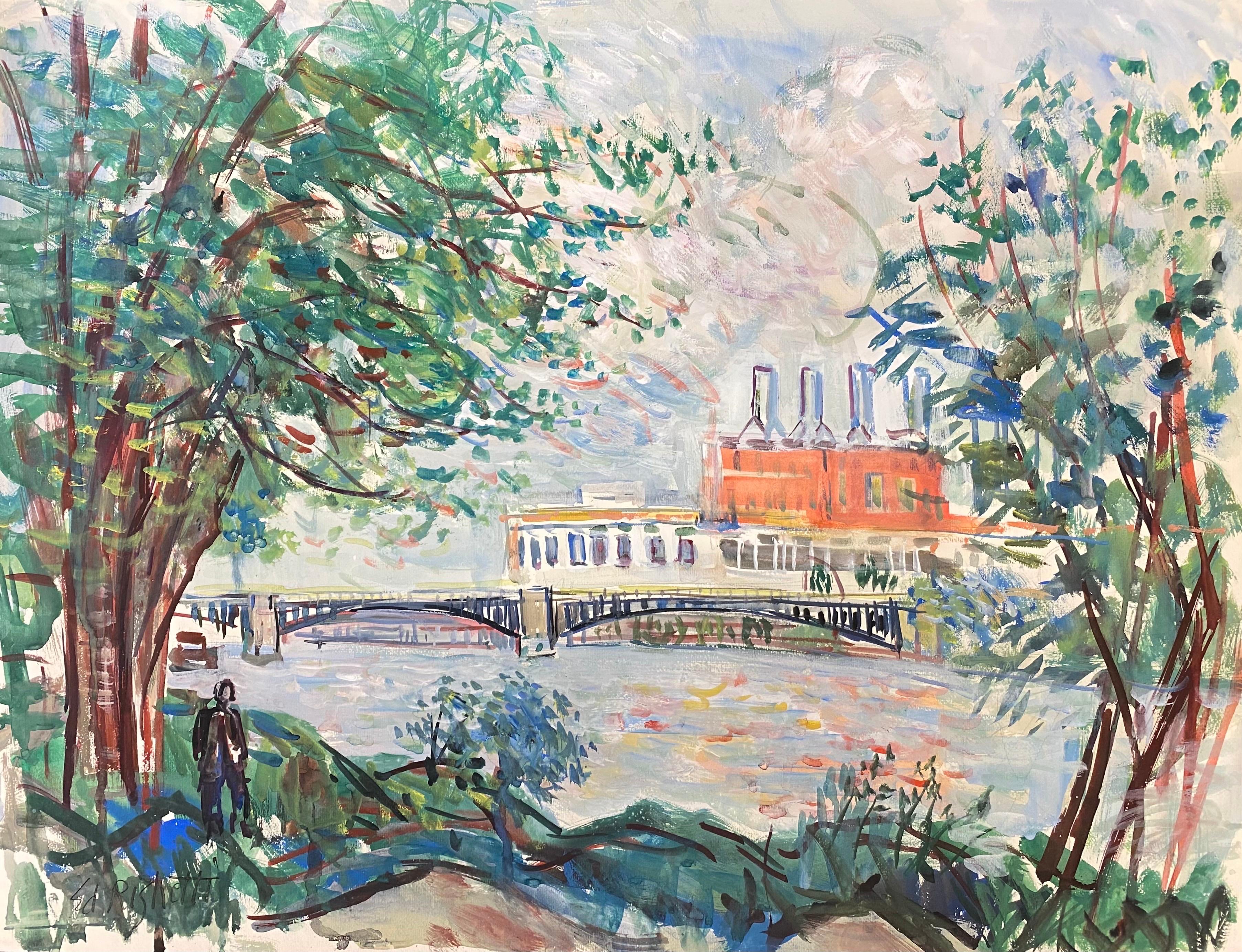 Landscape Painting Édouard Righetti (1924-2001) - Paysage coloré français d'origine du milieu du siècle, pont français