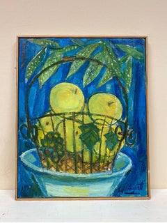 Quadro a olio francese originale della metà del secolo scorso - Mele luminose in un cesto