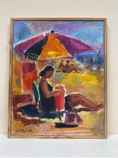 Original French Mid Century Oil - Bright & Vibrant Sunbathing Beach Portrait