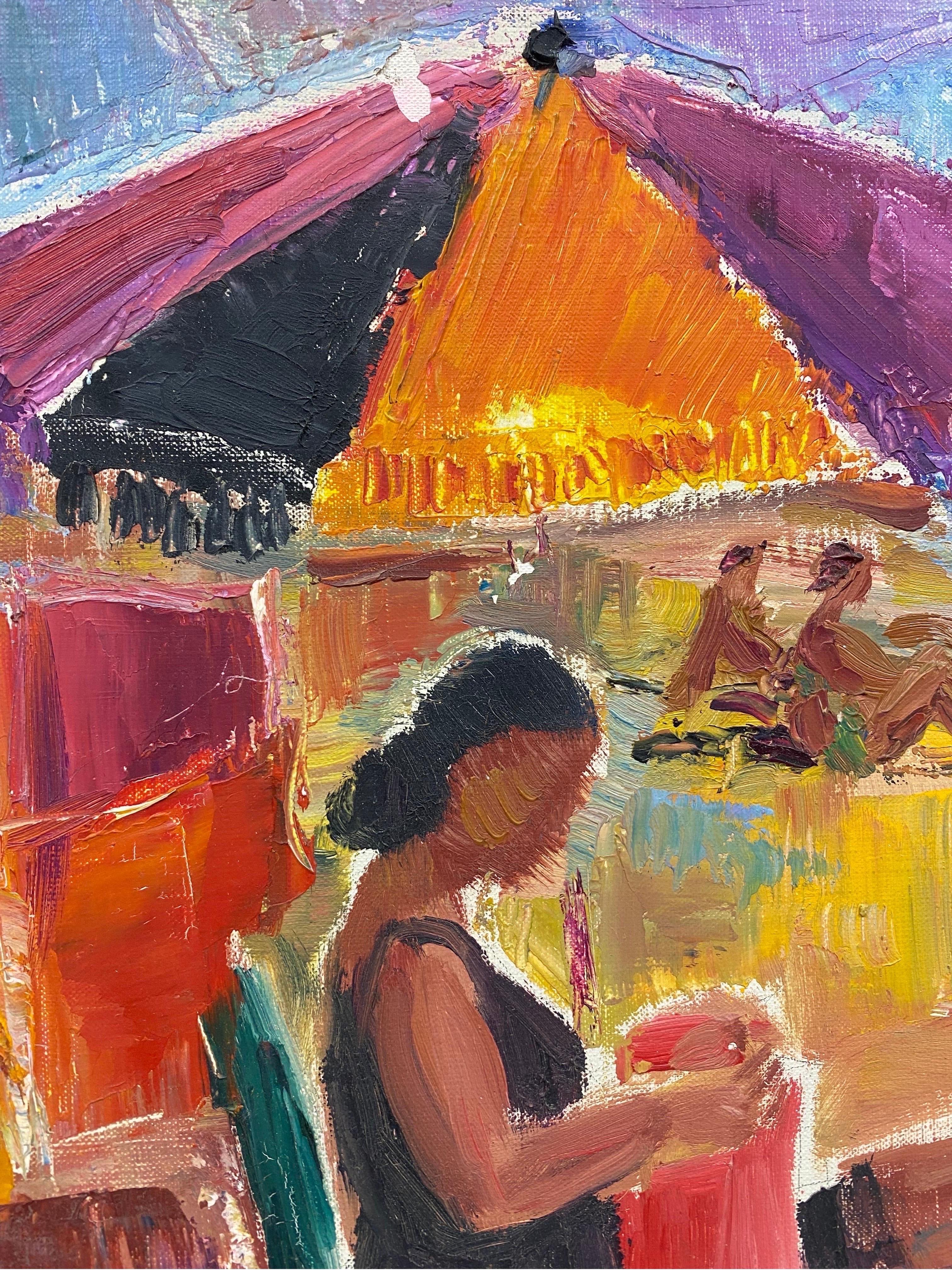Portrait original français du milieu du siècle dernier à l'huile - Portrait de plage en train de bainer de soleil, brillant et vibrant - Post-impressionnisme Painting par Édouard Righetti (1924-2001)