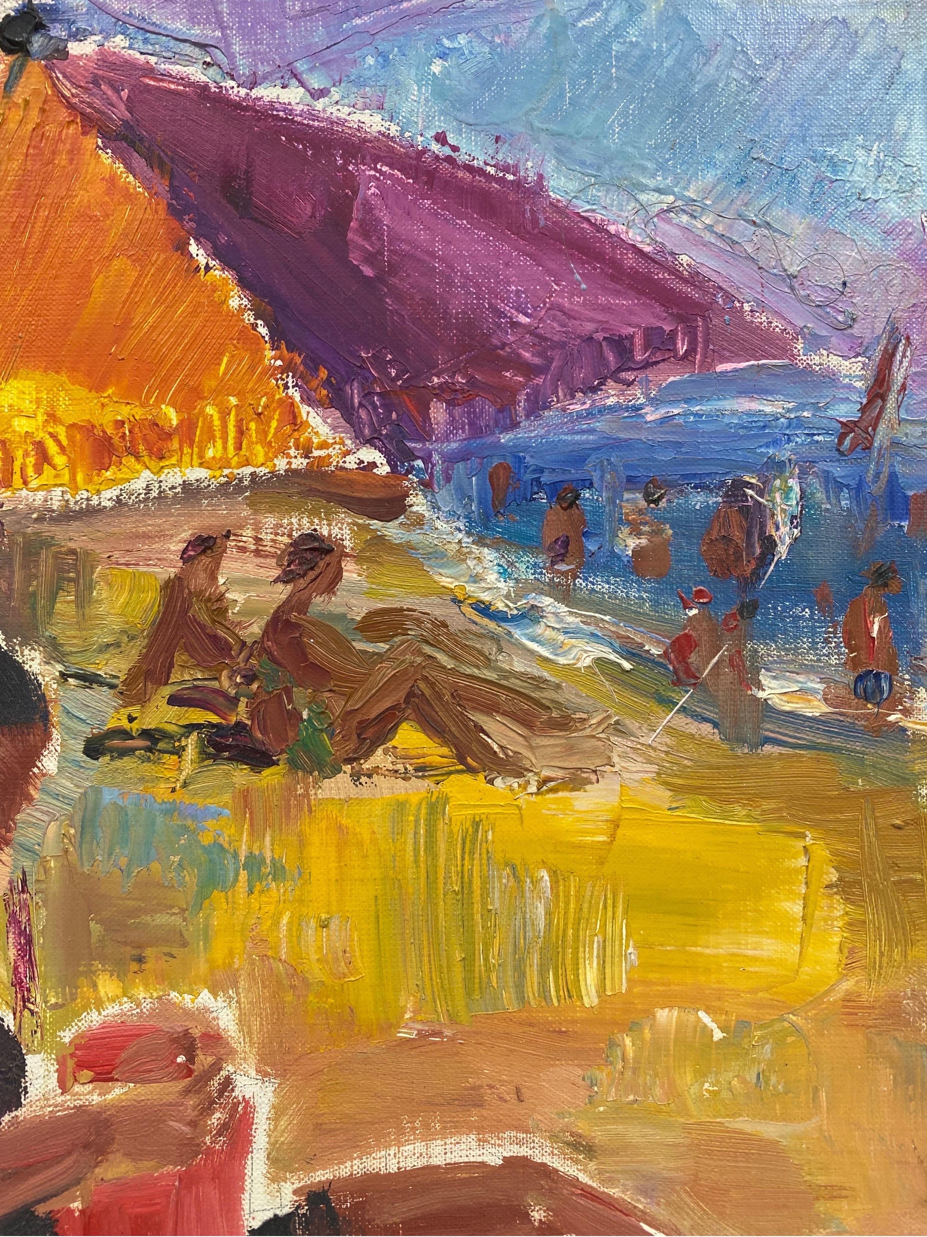 Französisches Mid-Century-Ölgemälde – helles und lebhaftes Sonnenbadendes Strandporträt, Original (Braun), Landscape Painting, von Édouard Righetti (1924-2001)