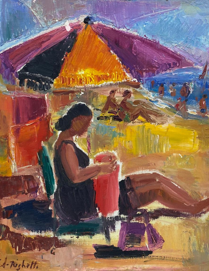 Landscape Painting Édouard Righetti (1924-2001) - Portrait original français du milieu du siècle dernier à l'huile - Portrait de plage en train de bainer de soleil, brillant et vibrant