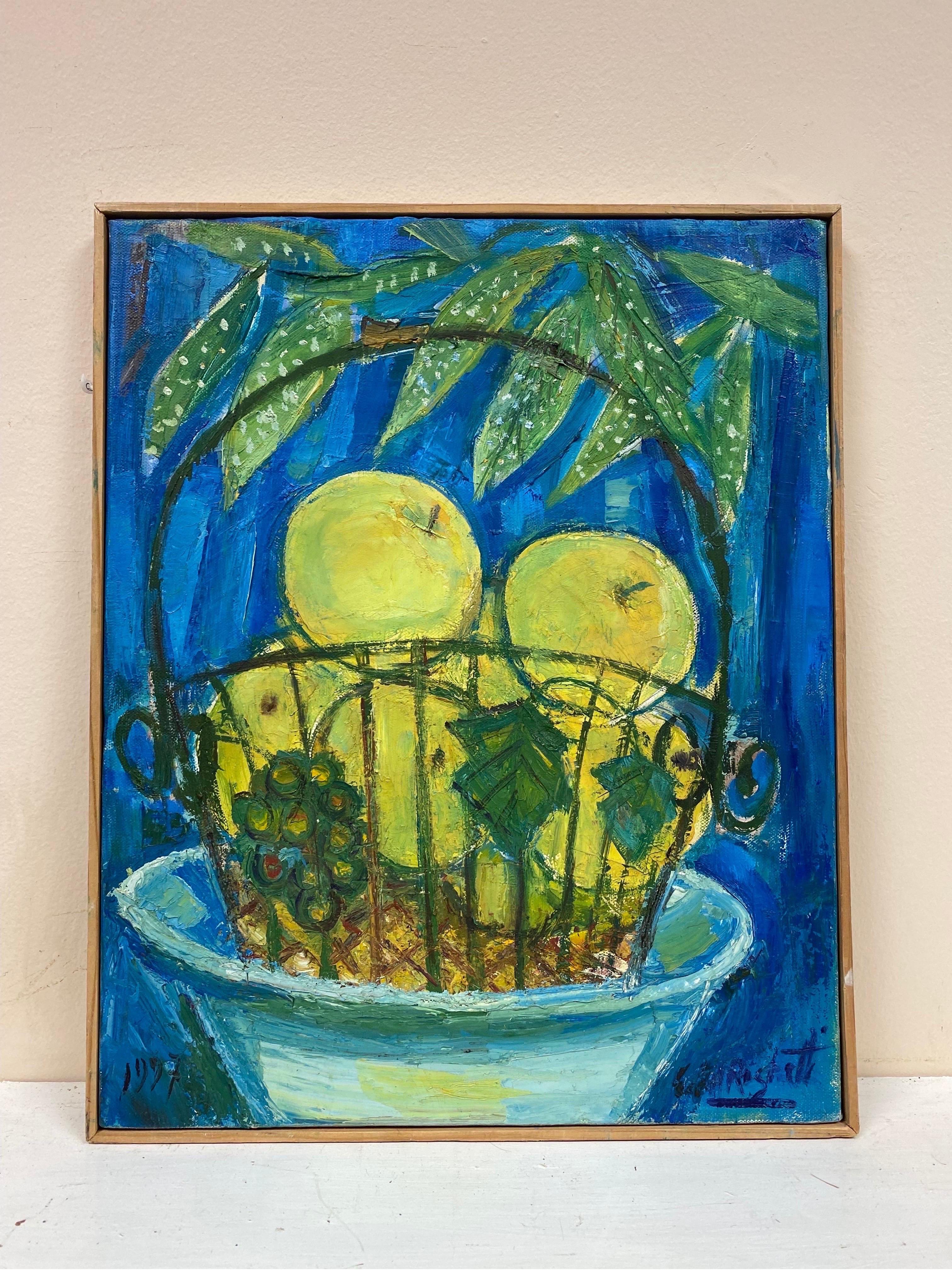 Original French Mid Century Oil - Bright Apples In Basket - Painting by Édouard Righetti (1924-2001)