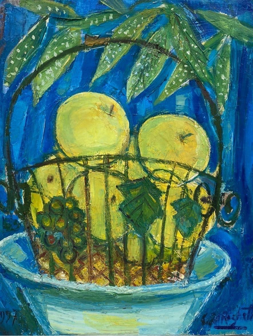 Édouard Righetti (1924-2001) Still-Life Painting - Original French Mid Century Oil - Bright Apples In Basket