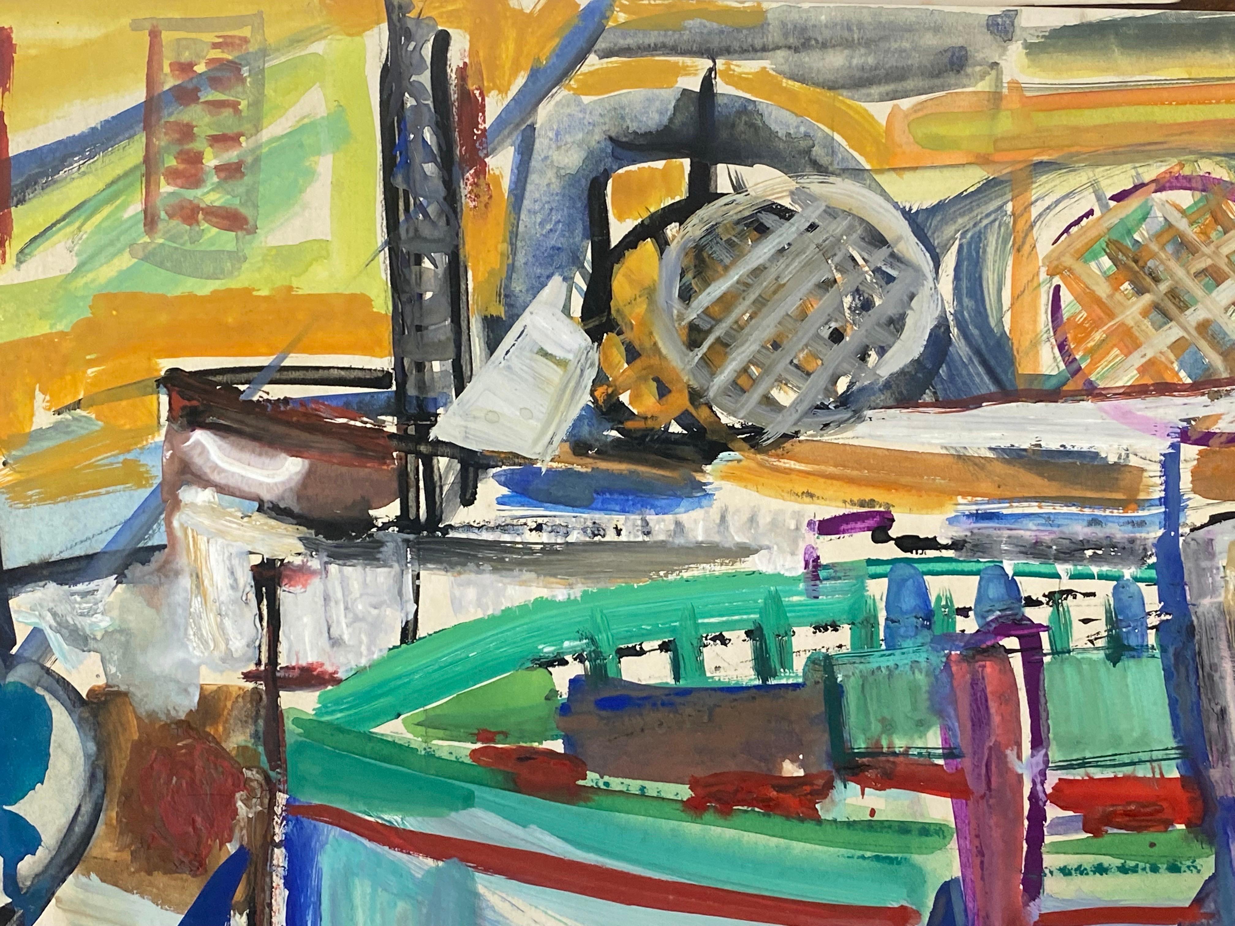 Original français du milieu du siècle  Huile - pêcheur coloré avec ses bateaux - Painting de Édouard Righetti (1924-2001)