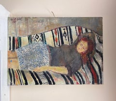 Original French Mid Century Oil - Posed Portrait Of Girl Lying On Sofa