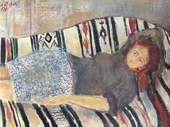 Original French Mid Century Oil - Posed Portrait Of Girl Lying On Sofa