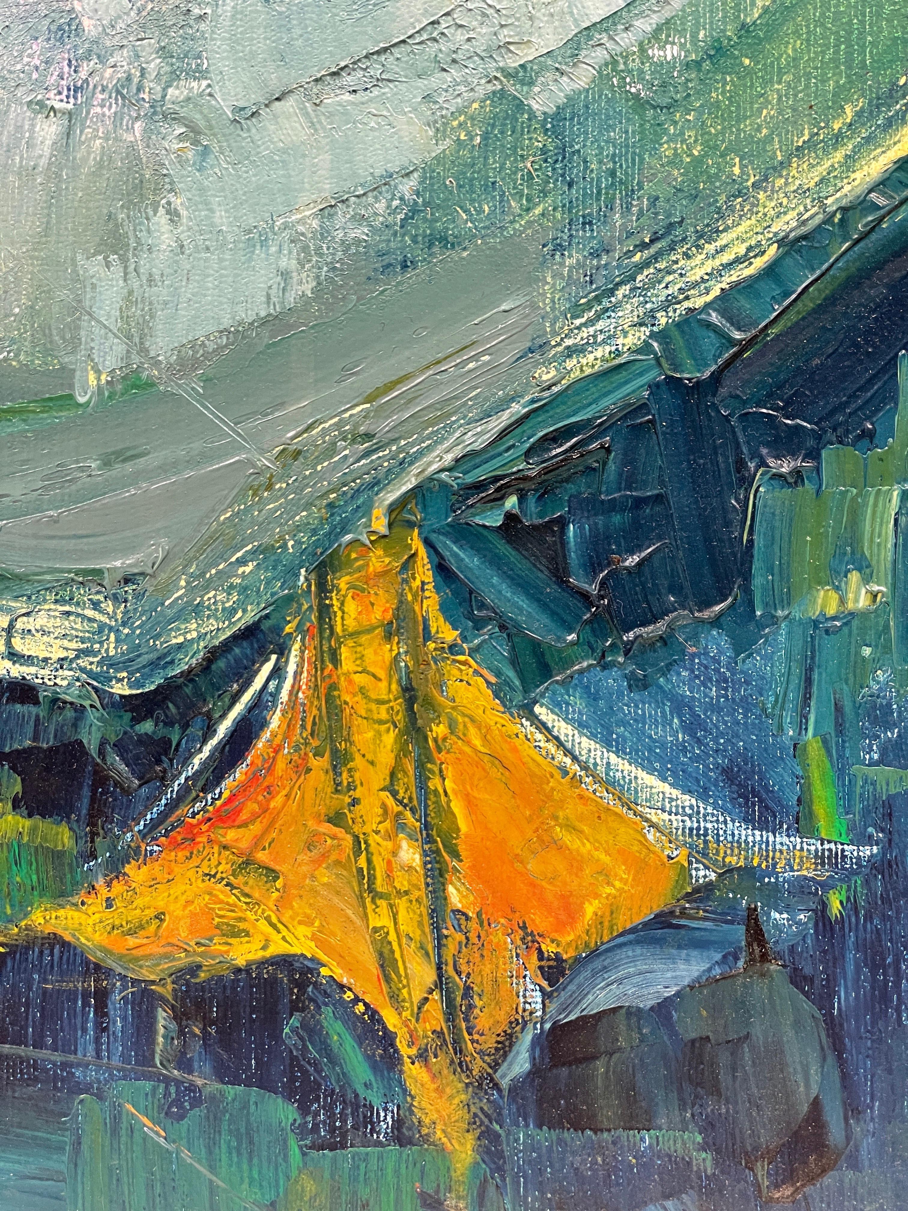 Óleo original francés de mediados de siglo - Retrato de pato azul y verde vibrante en venta 5