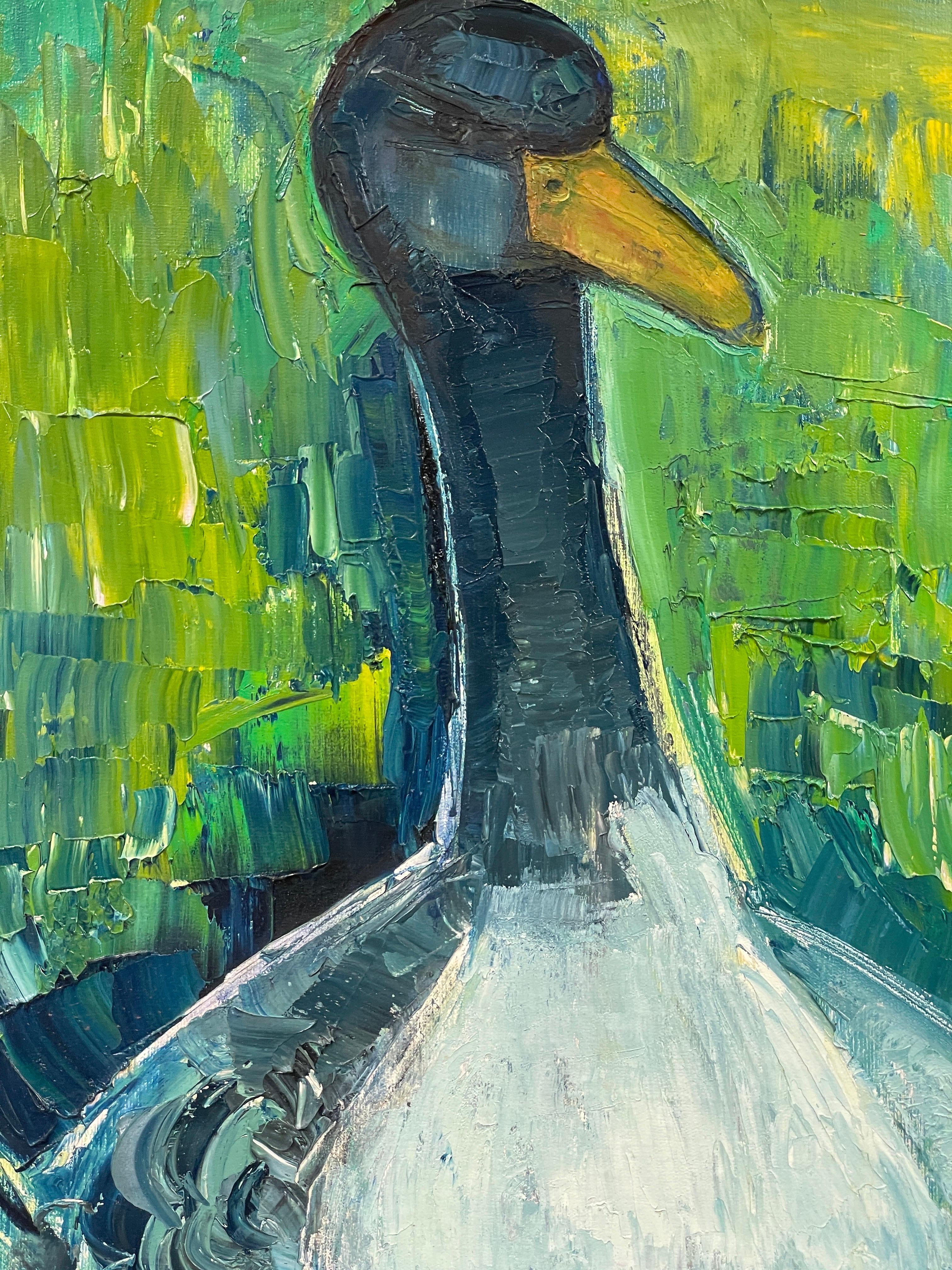 Huile française d'origine du milieu du siècle dernier - Portrait de canard vert vif et bleu - Painting de Édouard Righetti (1924-2001)