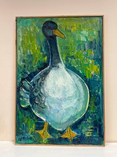 Original French Mid Century Oil - Vibrant Greens & Blue Duck Portrait