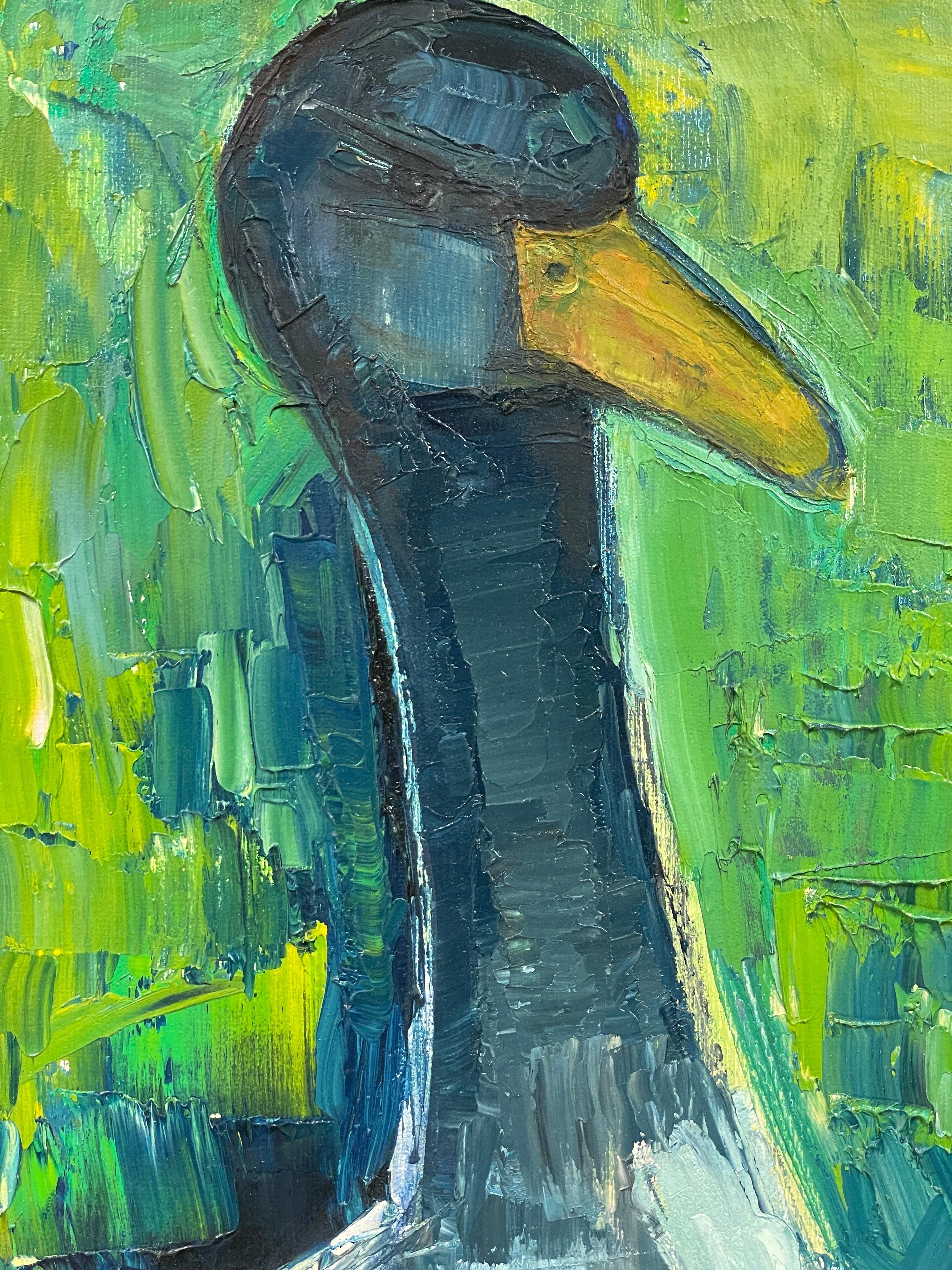 Huile française d'origine du milieu du siècle dernier - Portrait de canard vert vif et bleu en vente 2