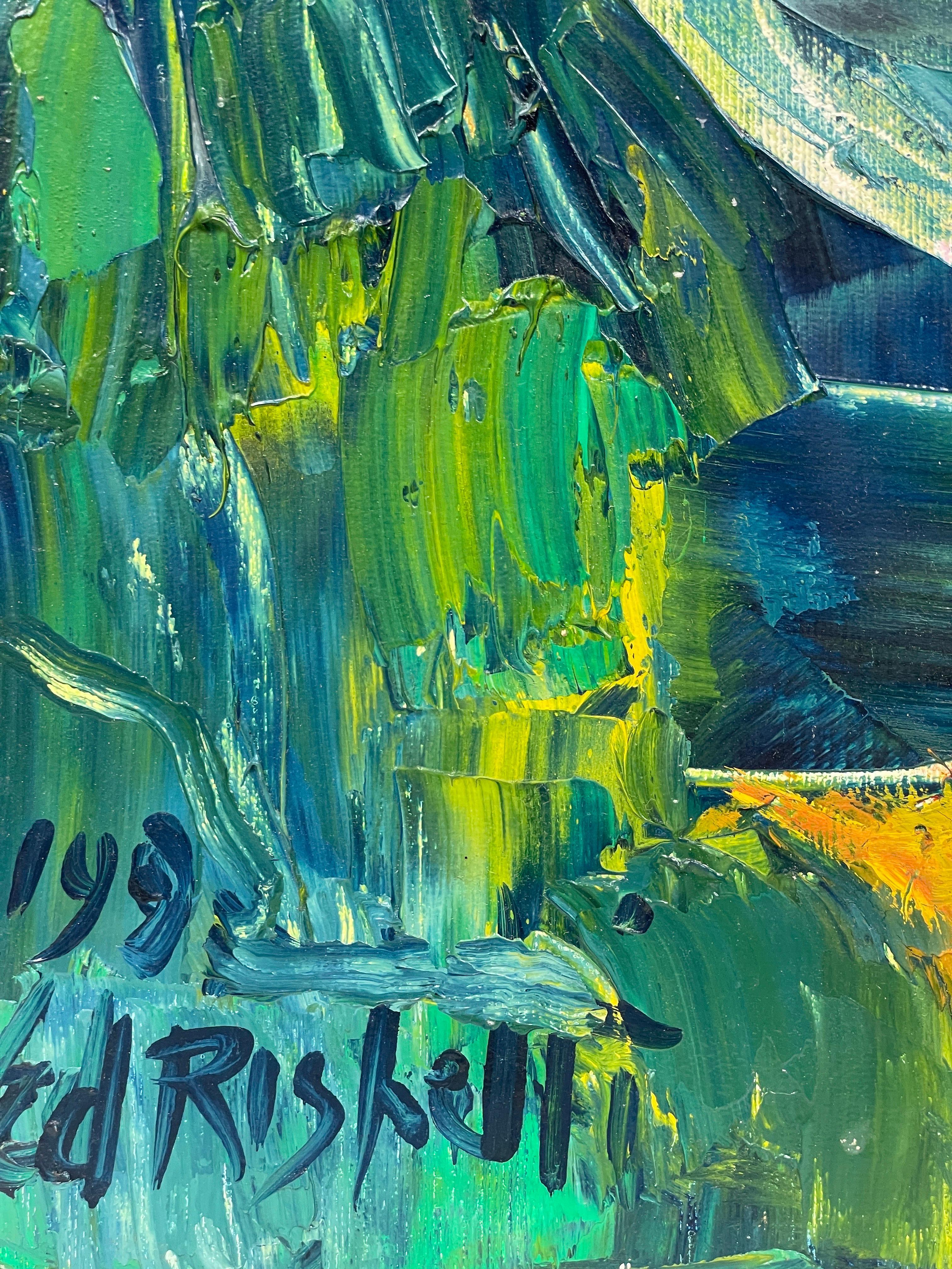 Óleo original francés de mediados de siglo - Retrato de pato azul y verde vibrante en venta 3