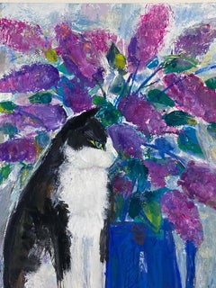 Original French Mid Century Post-Impressionist - Cat Posed With Flowers
