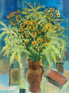 Original French Mid Century Post-Impressionist Oil - Bright Sunflowers In Vase