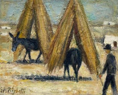Original French Mid Century Post-Impressionist Oil - Donkeys In French Landscape