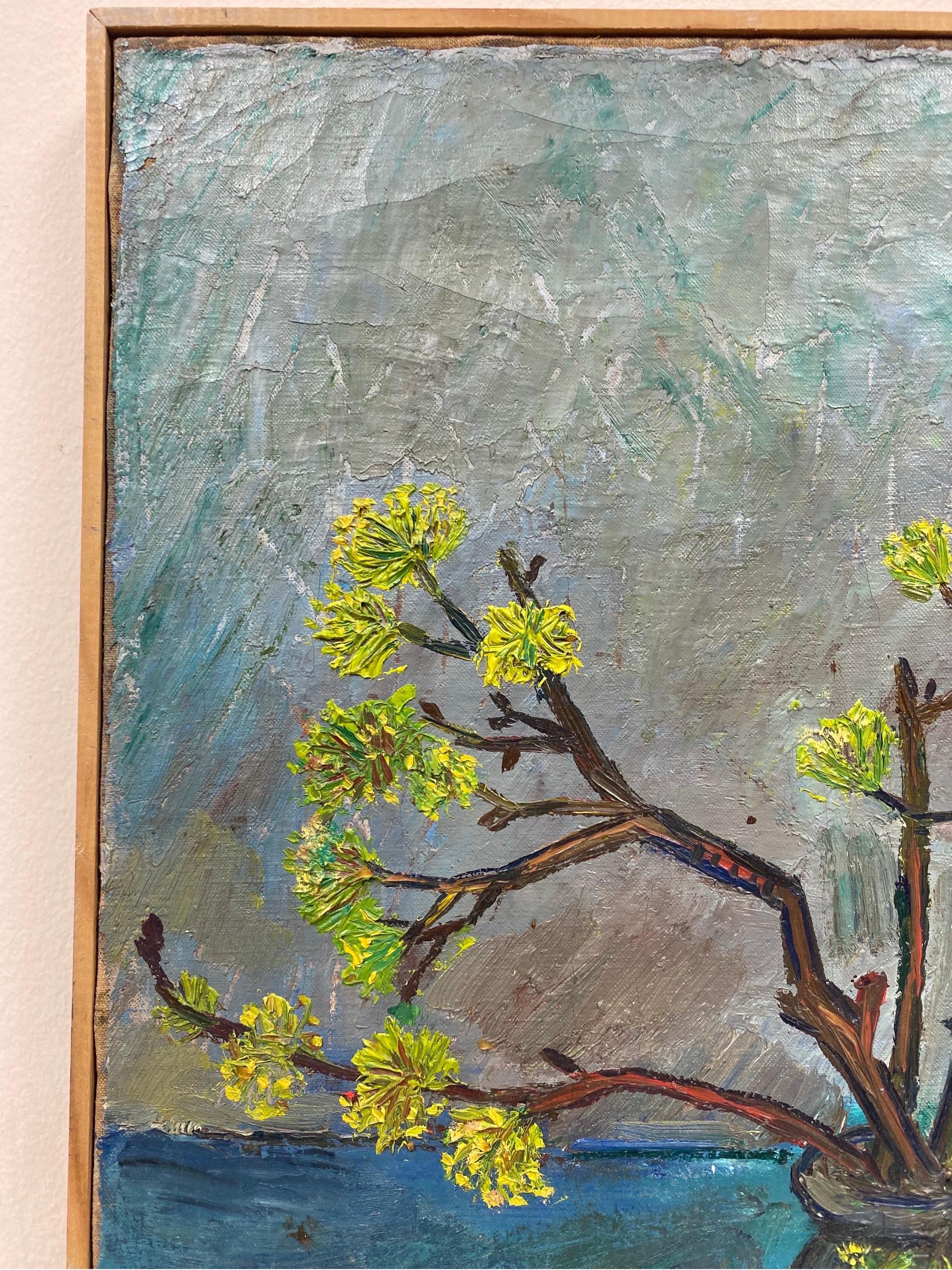 Olio originale post-impressionista della metà del secolo scorso - Fiore in vaso - Still-Life Painting Grigio di Édouard Righetti (1924-2001)