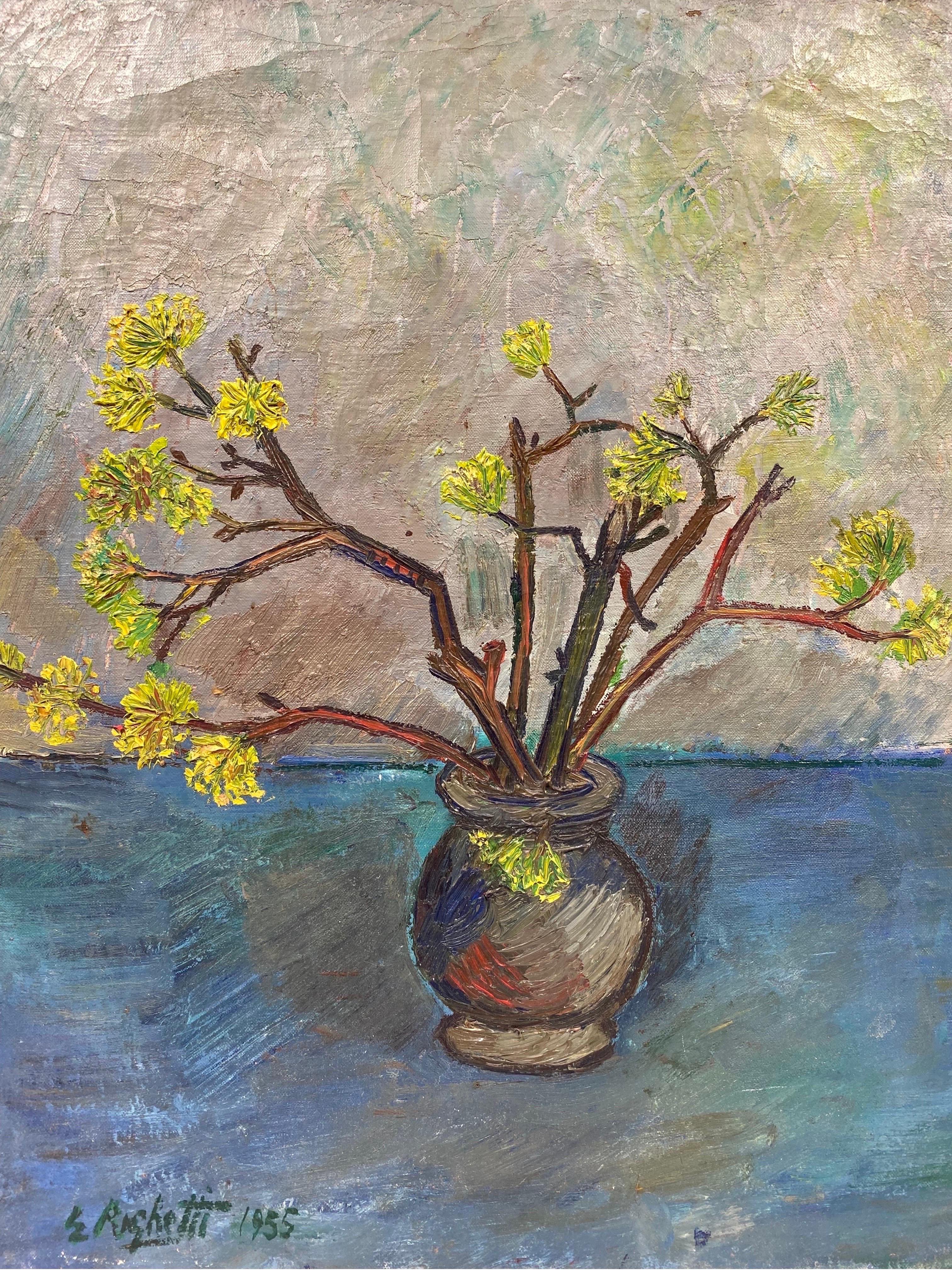 Blossom
by Édouard Righetti (1924-2001)
influenced by the works of Vincent van Gogh

Signed lower front and back

oil painting on canvas, beautifully painted with rick thick impasto oil and bold colors. 
very good condition
In Wooden frame
size: