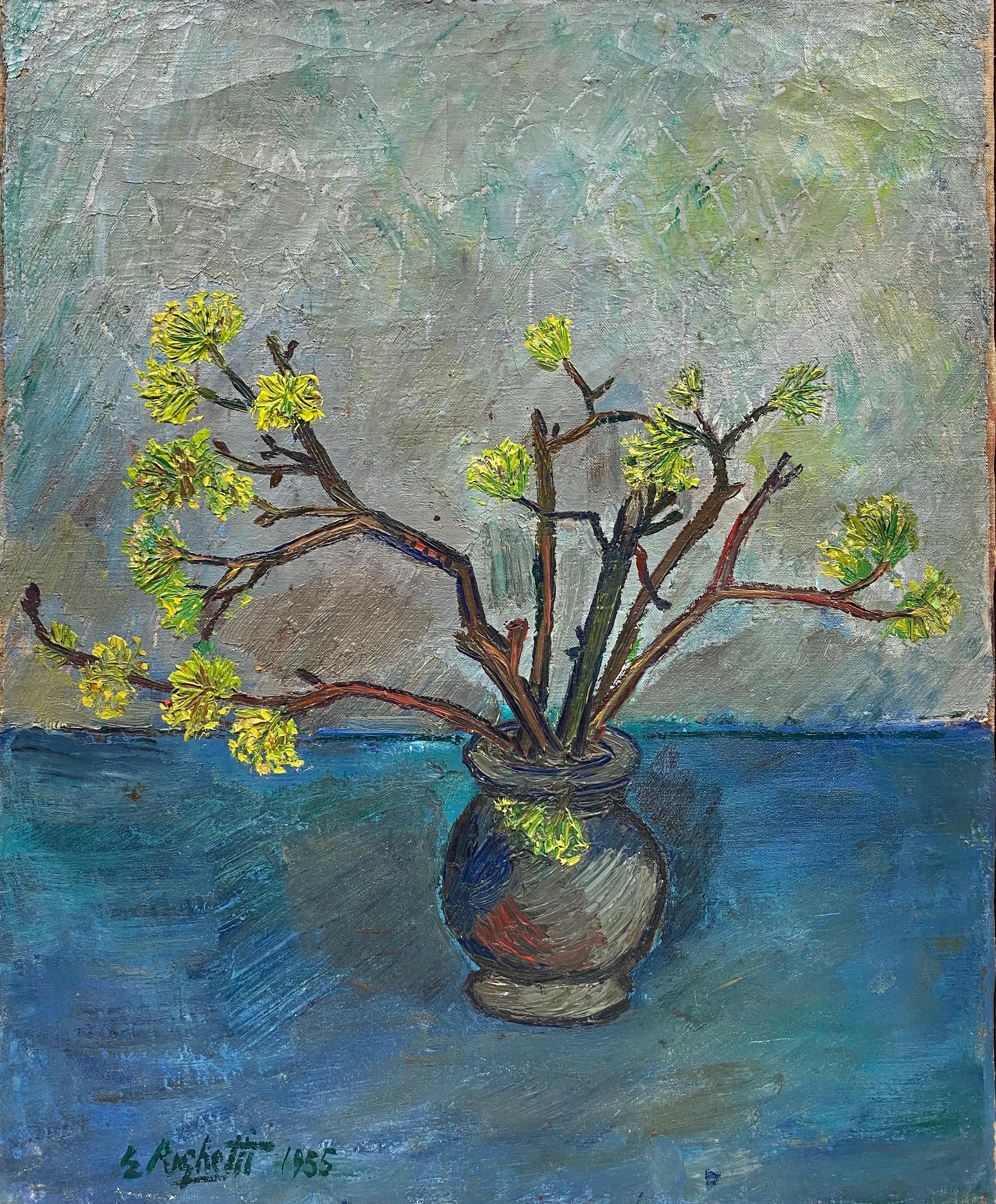 Huile post-impressionniste française d'origine du milieu du siècle dernier - Fleur fleurie dans un vase