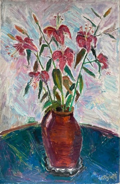 Original French Mid Century Post-Impressionist Oil - Lilies in Vase, Beautiful