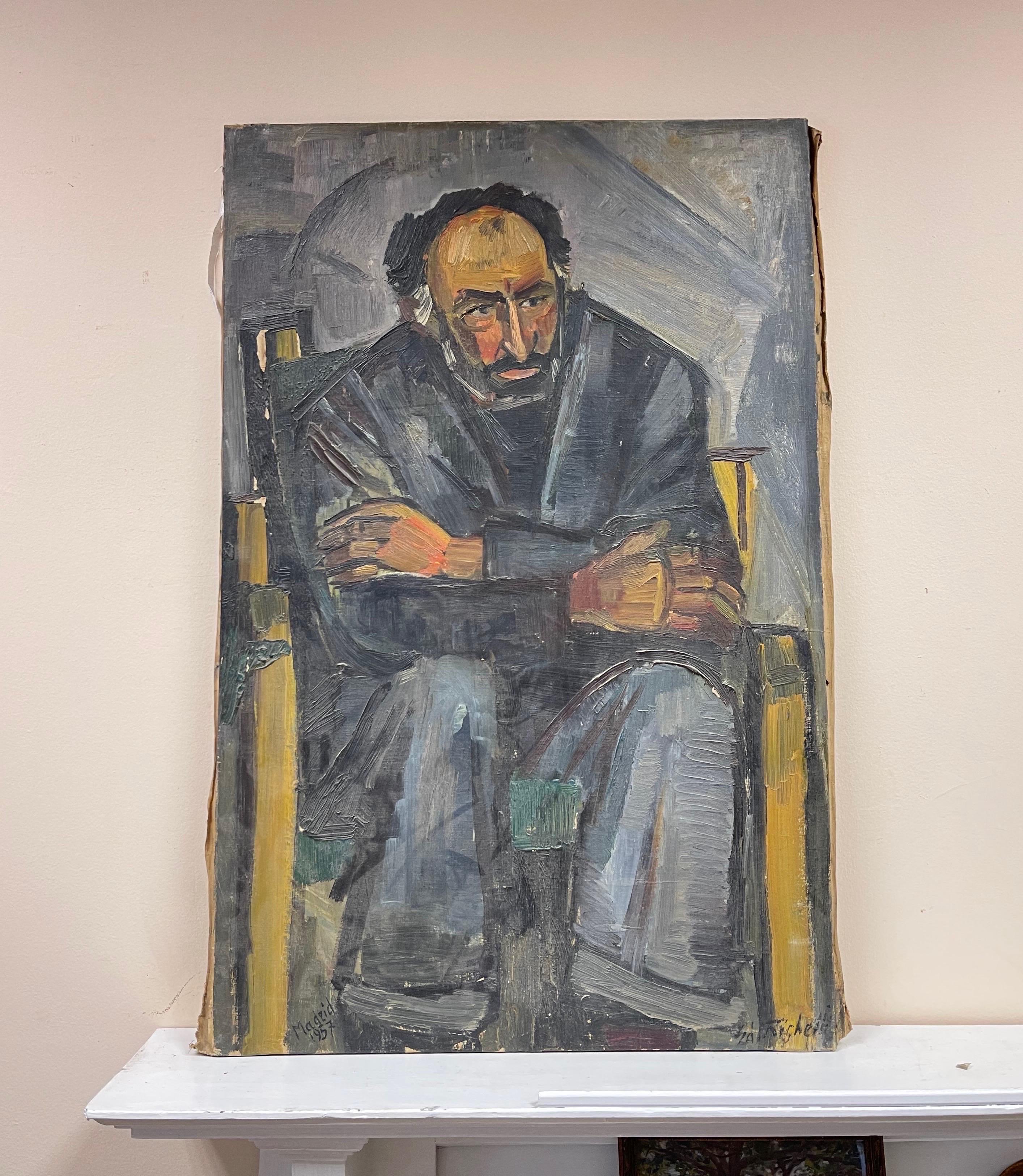 Original French Mid Century Post-Impressionist Oil - Man Seated on Chair, 1957 - Painting by Édouard Righetti (1924-2001)