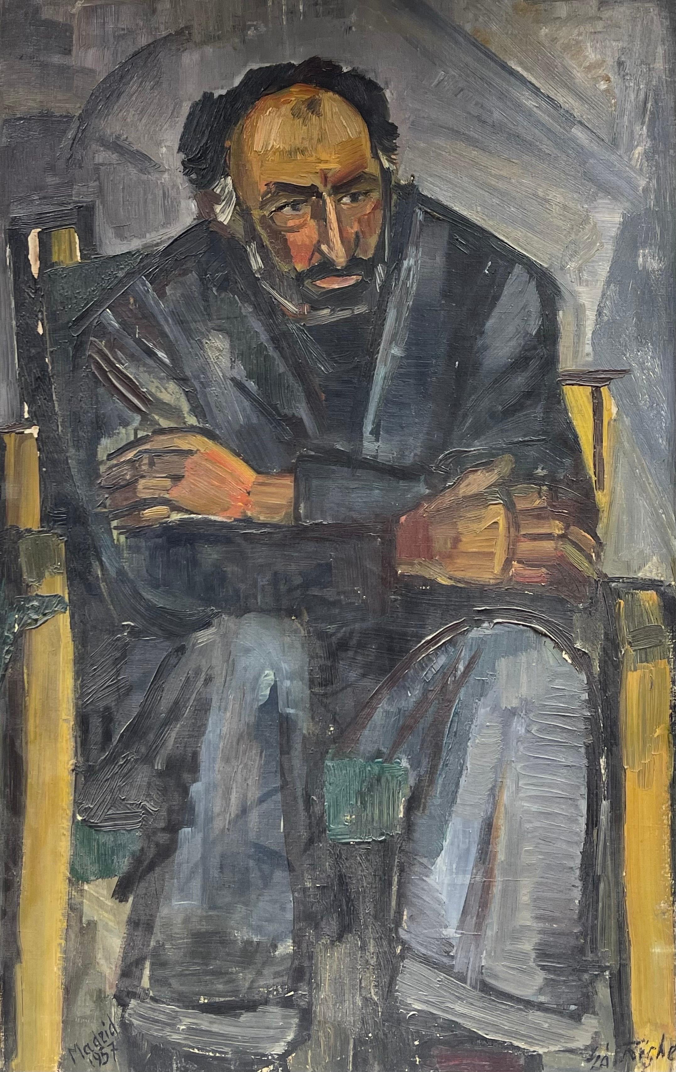 Édouard Righetti (1924-2001) Portrait Painting - Original French Mid Century Post-Impressionist Oil - Man Seated on Chair, 1957