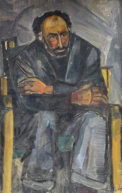 Vintage Original French Mid Century Post-Impressionist Oil - Man Seated on Chair, 1957