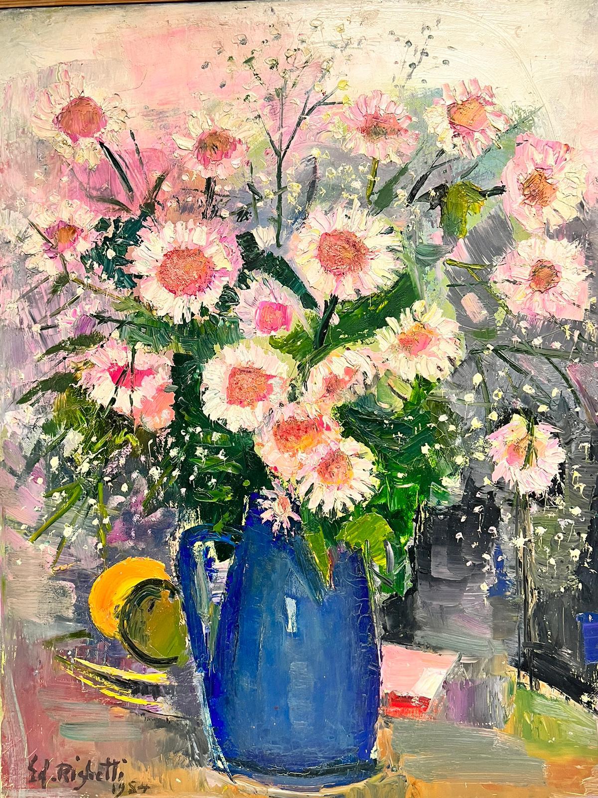 Vase français d'origine post-impressionniste du milieu du siècle, à l'huile, fleurs roses et bleues - Painting de Édouard Righetti (1924-2001)