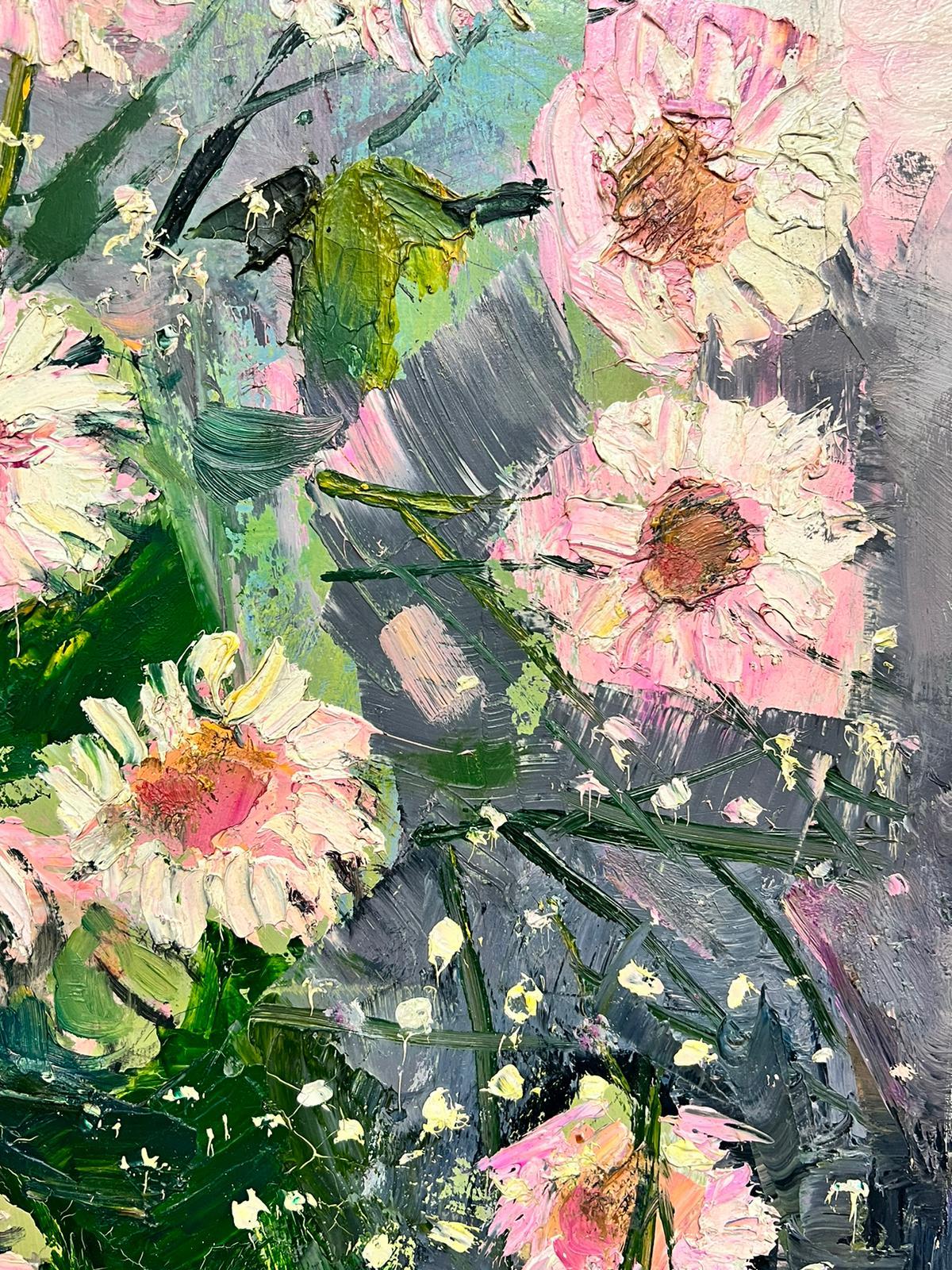 Vase français d'origine post-impressionniste du milieu du siècle, à l'huile, fleurs roses et bleues - Post-impressionnisme Painting par Édouard Righetti (1924-2001)