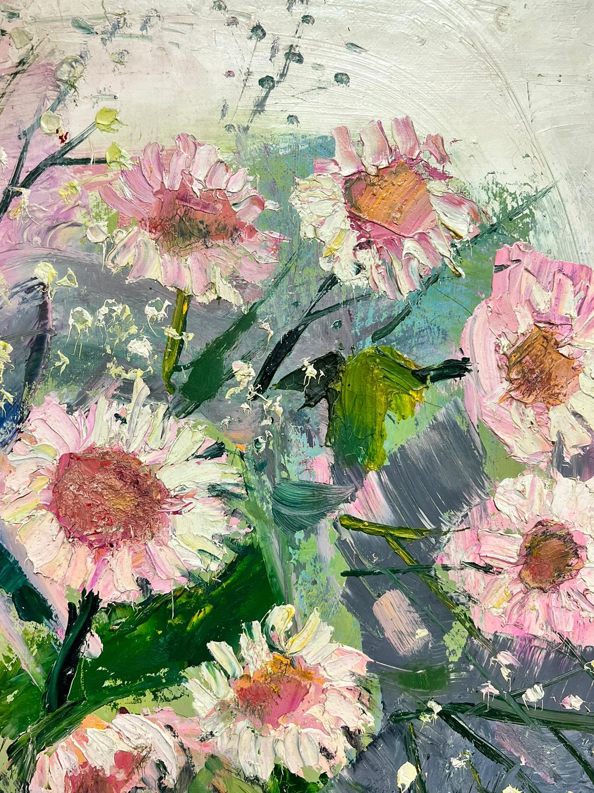 Vase français d'origine post-impressionniste du milieu du siècle, à l'huile, fleurs roses et bleues - Marron Still-Life Painting par Édouard Righetti (1924-2001)