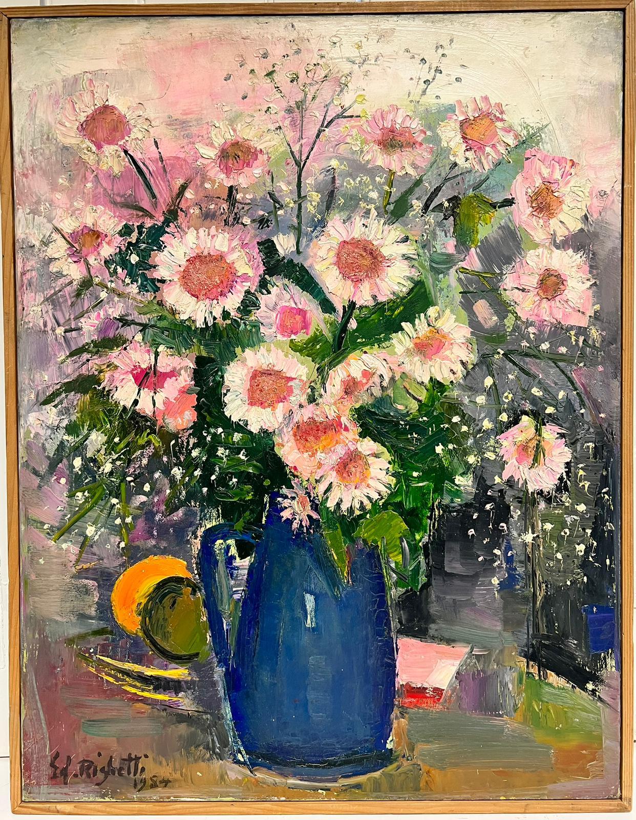 Original French Mid Century Post-Impressionist Oil Pink Flowers in Blue Vase
