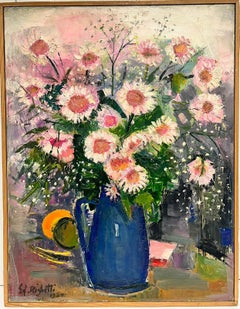 Französische postimpressionistische rosa Blumenvase in blauem Öl, Mitte des Jahrhunderts