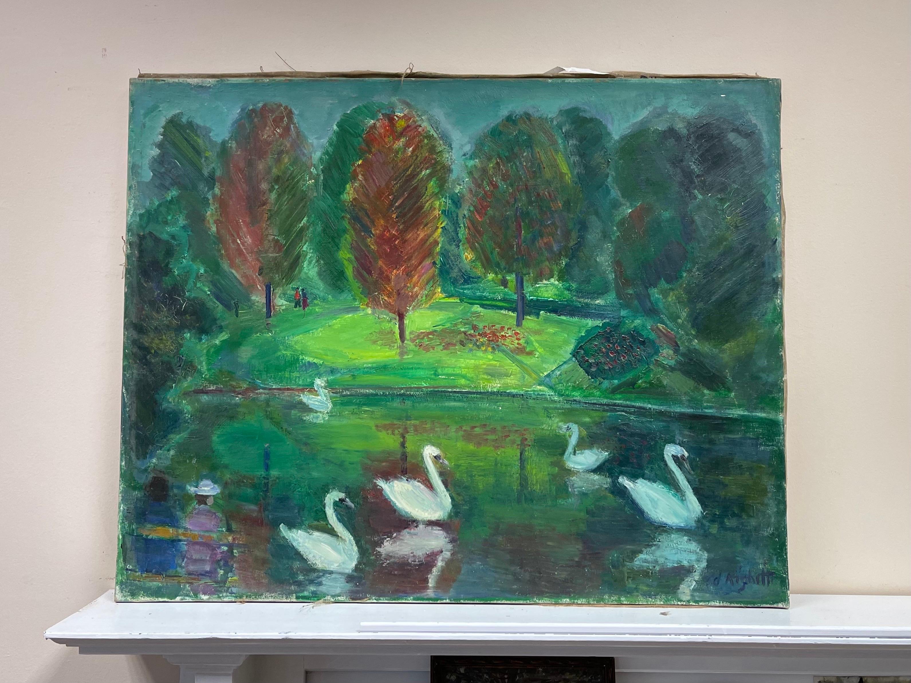 Original French Mid Century Oil - Vibrant Green Lake With Elegant Swans - Painting by Édouard Righetti (1924-2001)
