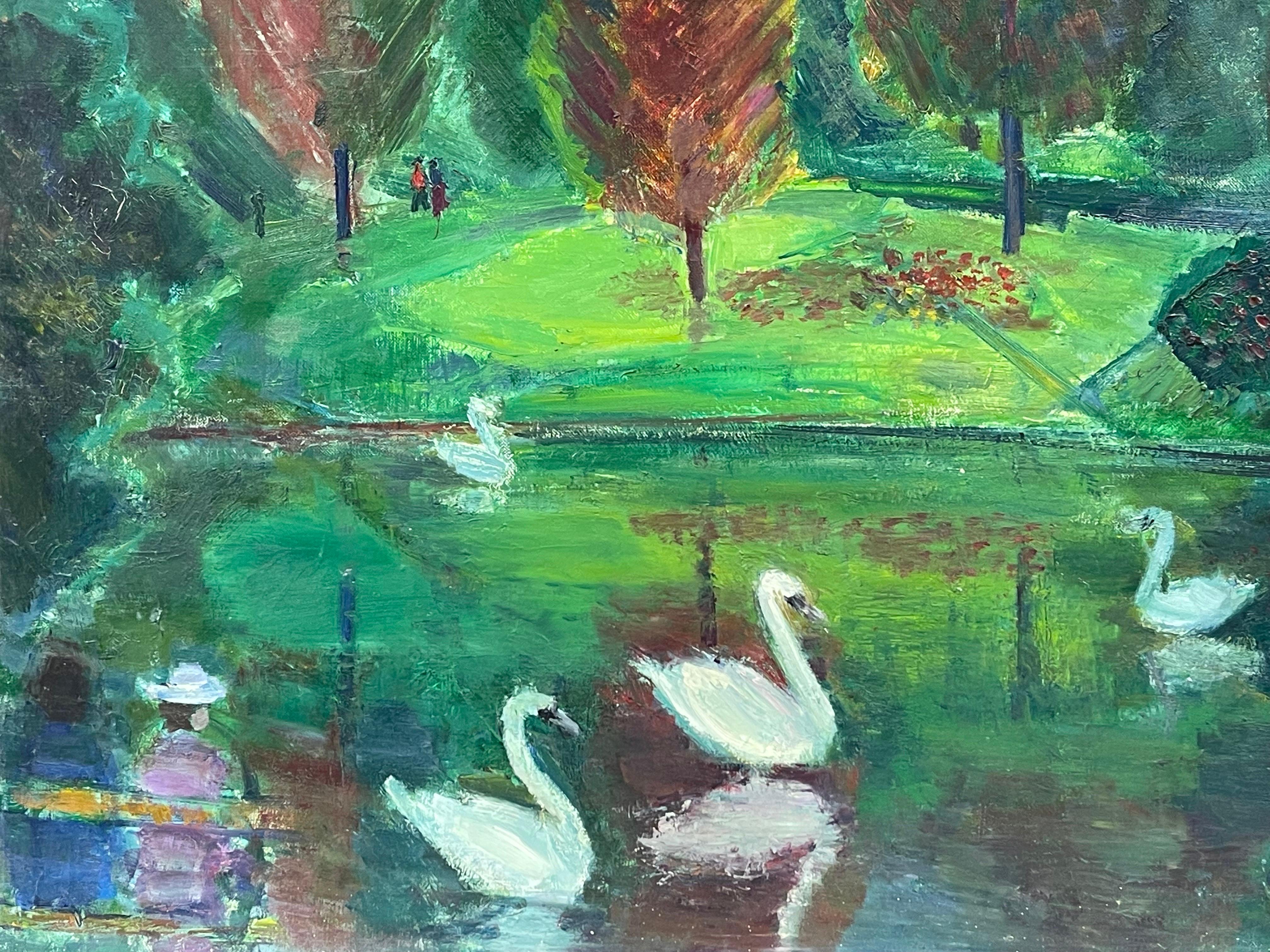 Französisches Mid-Century-Ölgemälde - Lebendiger grüner See mit eleganten Schwänen (Post-Impressionismus), Painting, von Édouard Righetti (1924-2001)