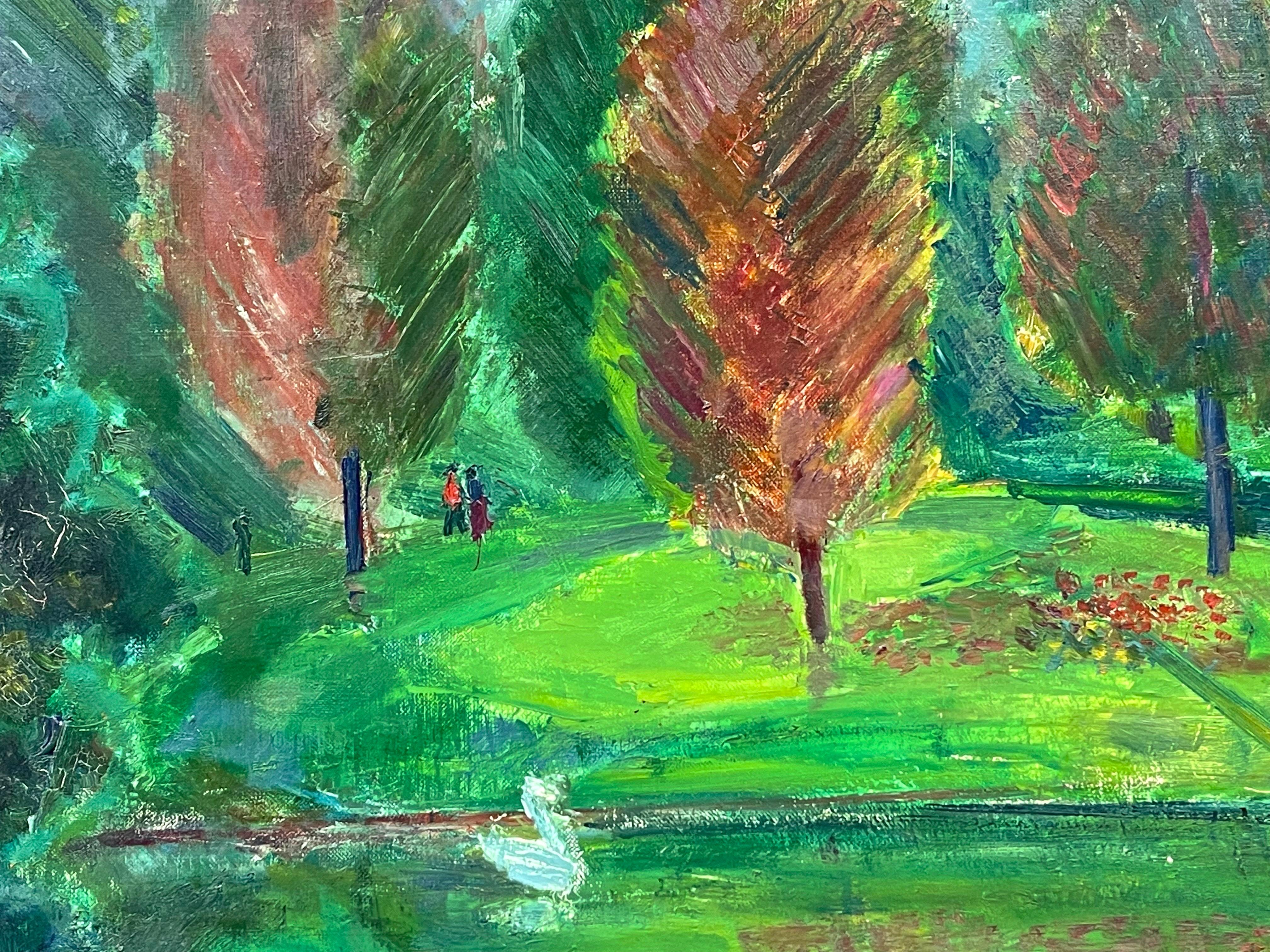 Óleo original francés de mediados de siglo - Lago verde vibrante con cisnes elegantes - Landscape Painting Gris de Édouard Righetti (1924-2001)