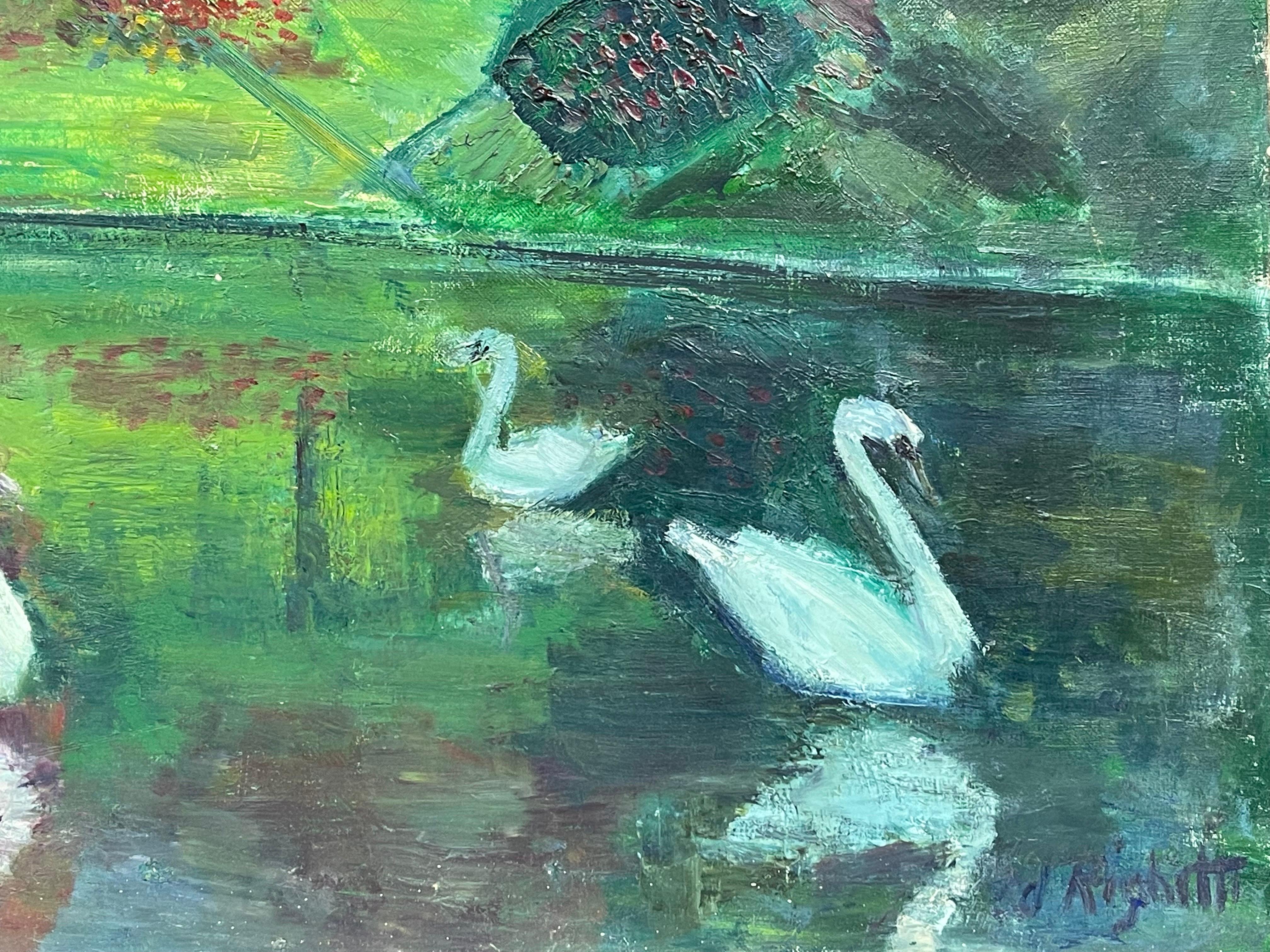 Original French Mid Century Oil - Vibrant Green Lake With Elegant Swans - Post-Impressionist Painting by Édouard Righetti (1924-2001)