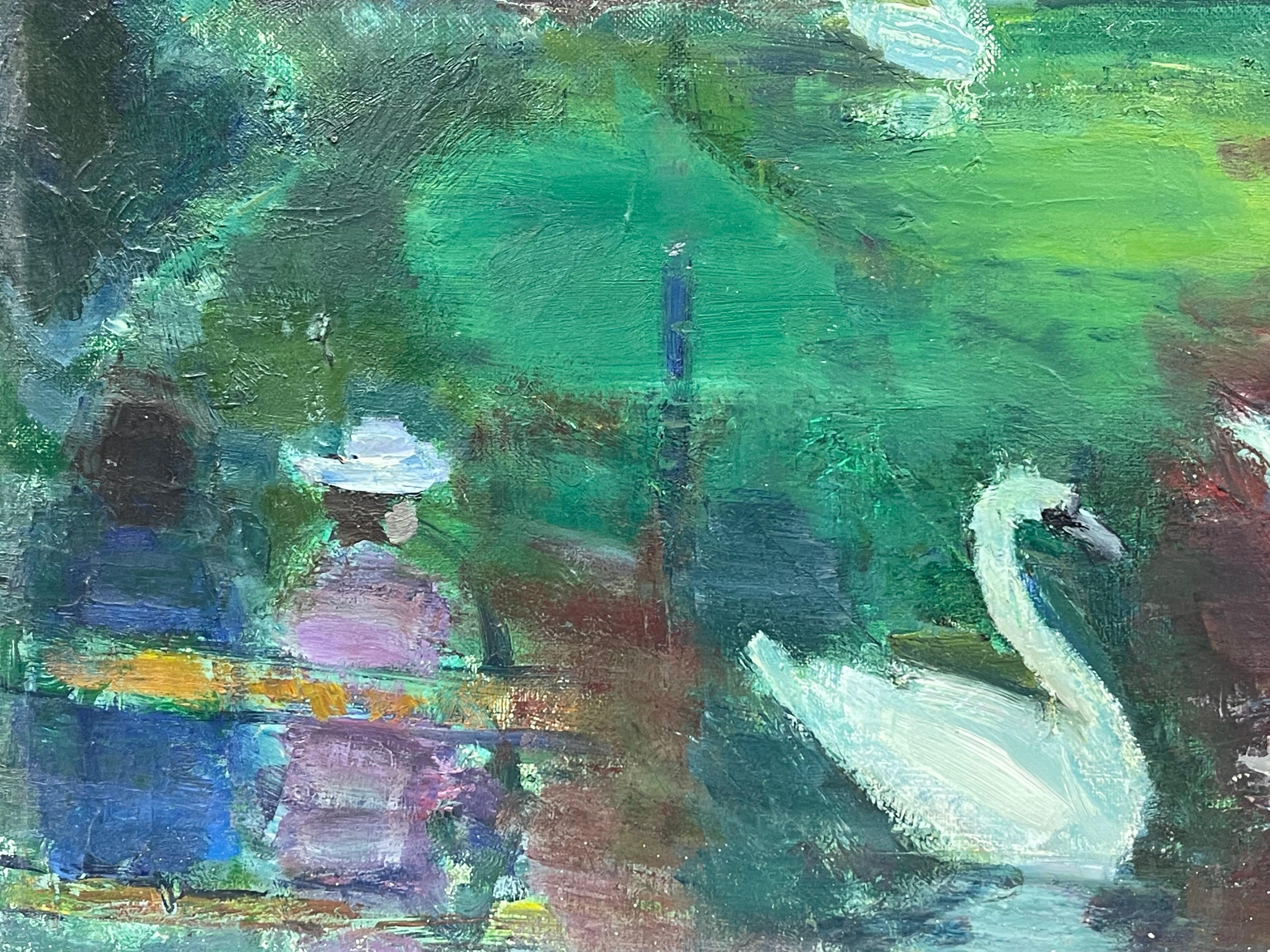 Original French Mid Century Oil - Vibrant Green Lake With Elegant Swans - Gray Landscape Painting by Édouard Righetti (1924-2001)