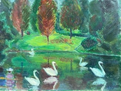 Original French Mid Century Oil - Vibrant Green Lake With Elegant Swans