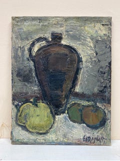 Original French Mid Century Post-Impressionist Oil - Wine Jug & Fruit