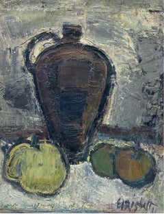 Vintage Original French Mid Century Post-Impressionist Oil - Wine Jug & Fruit