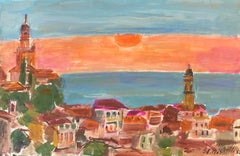 Original French Mid Century Post-Impressionist Painting French Riviera Sunset