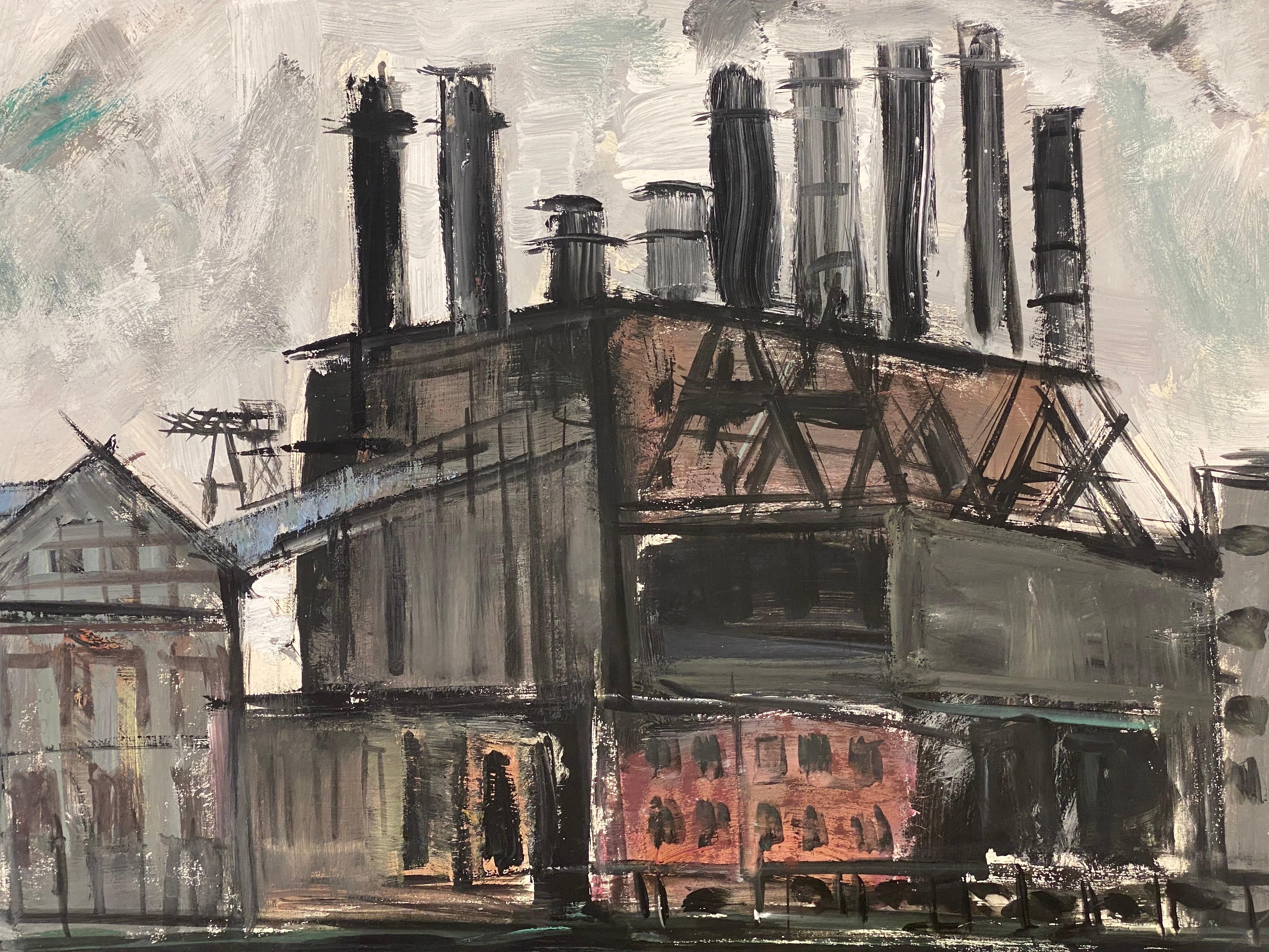 Original French Mid Century Post-Impressionist Power Station Landscape - Painting by Édouard Righetti (1924-2001)