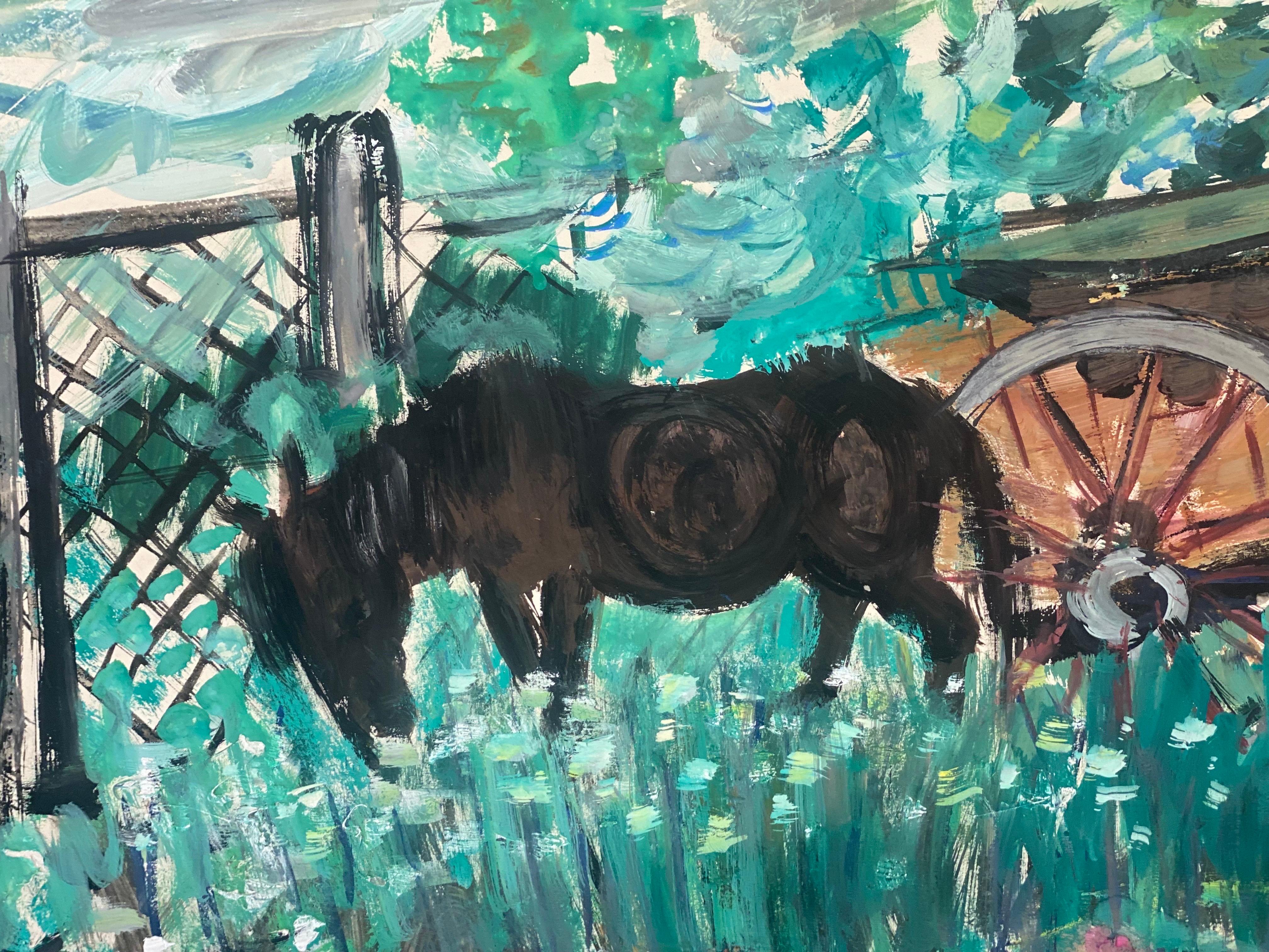 Französisches postimpressionistisches Aquarell-Pferd und Wagen aus der Mitte des Jahrhunderts – Painting von Édouard Righetti (1924-2001)