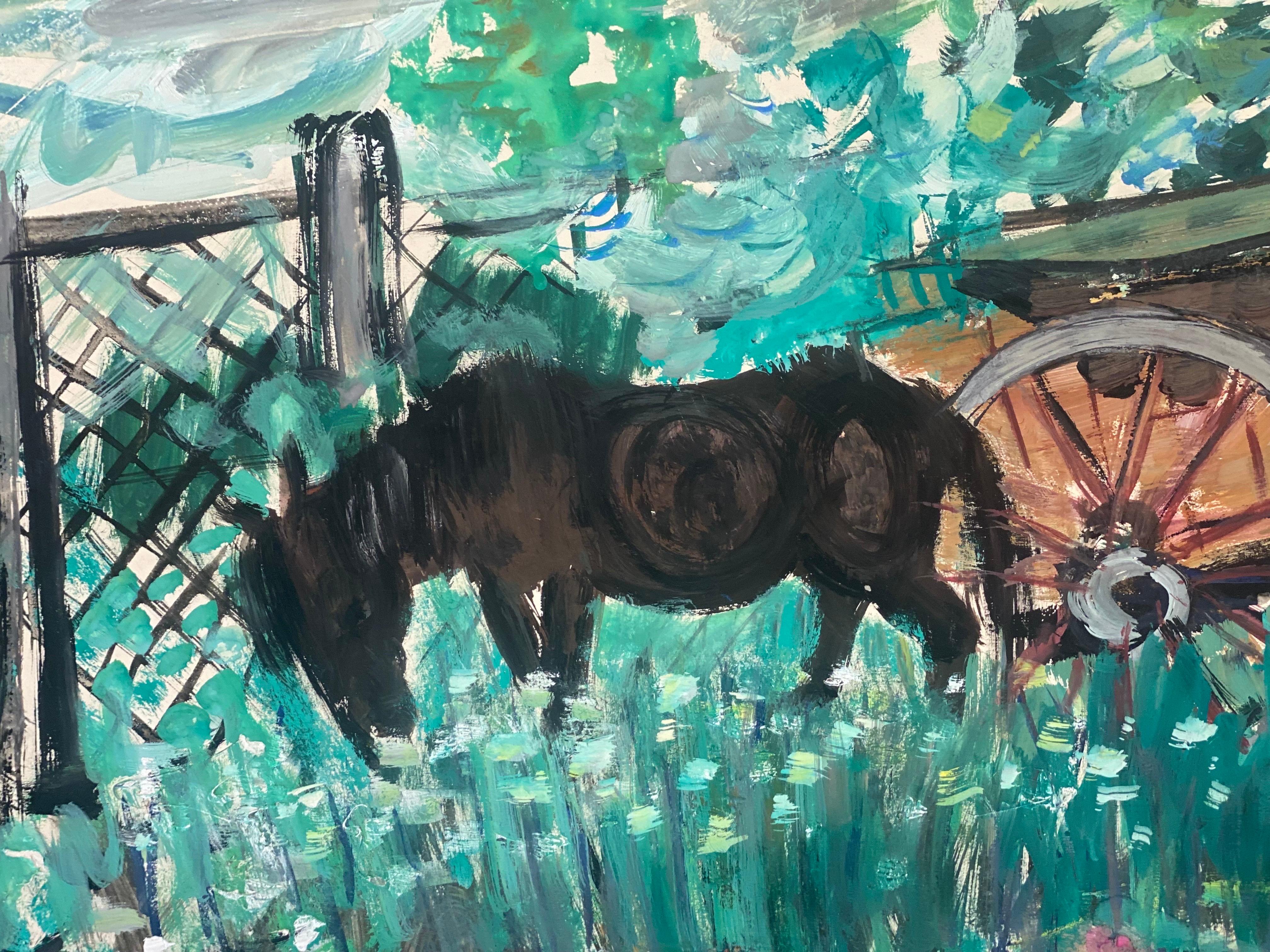 Acquerello originale francese di metà secolo post-impressionista - Cavallo e carretto - Painting di Édouard Righetti (1924-2001)