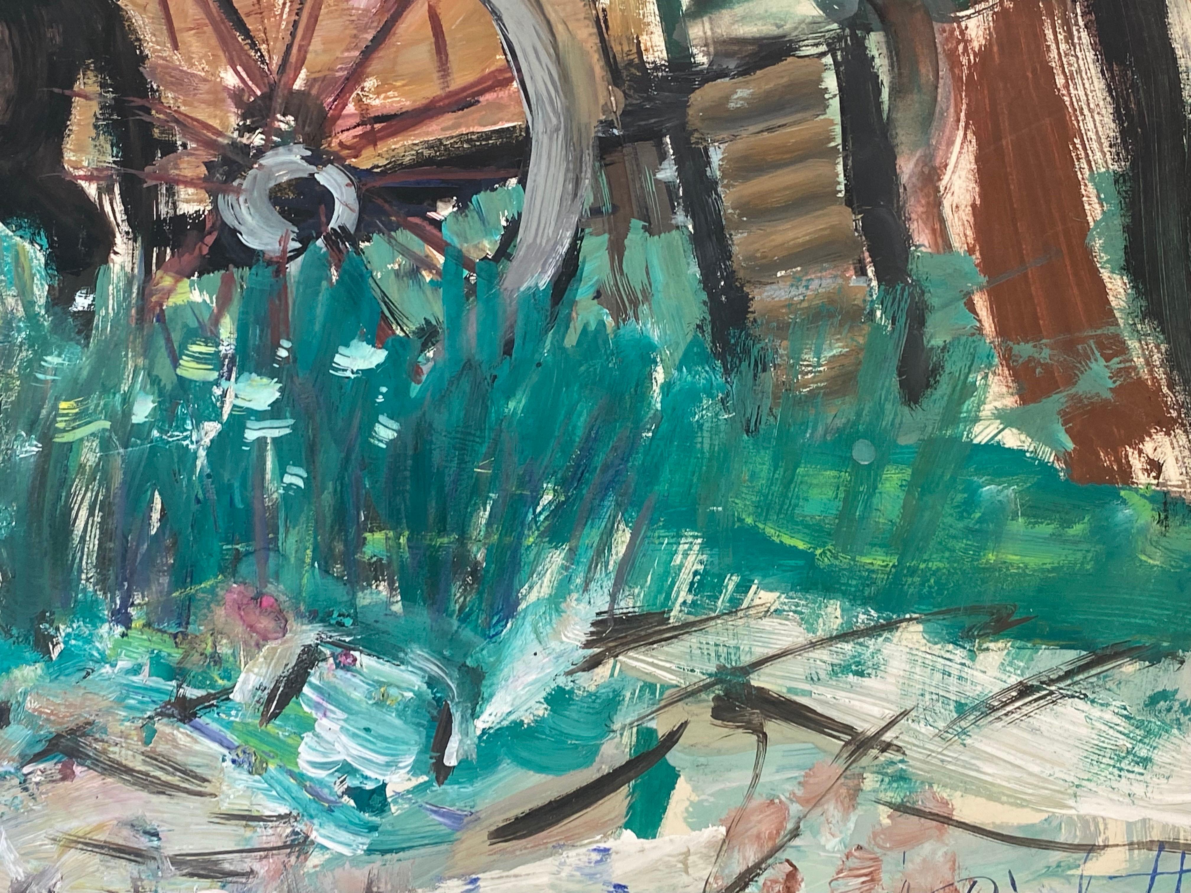 Aquarelle française d'origine post-impressionniste du milieu du siècle dernier - Cheval et chariot - Gris Landscape Painting par Édouard Righetti (1924-2001)
