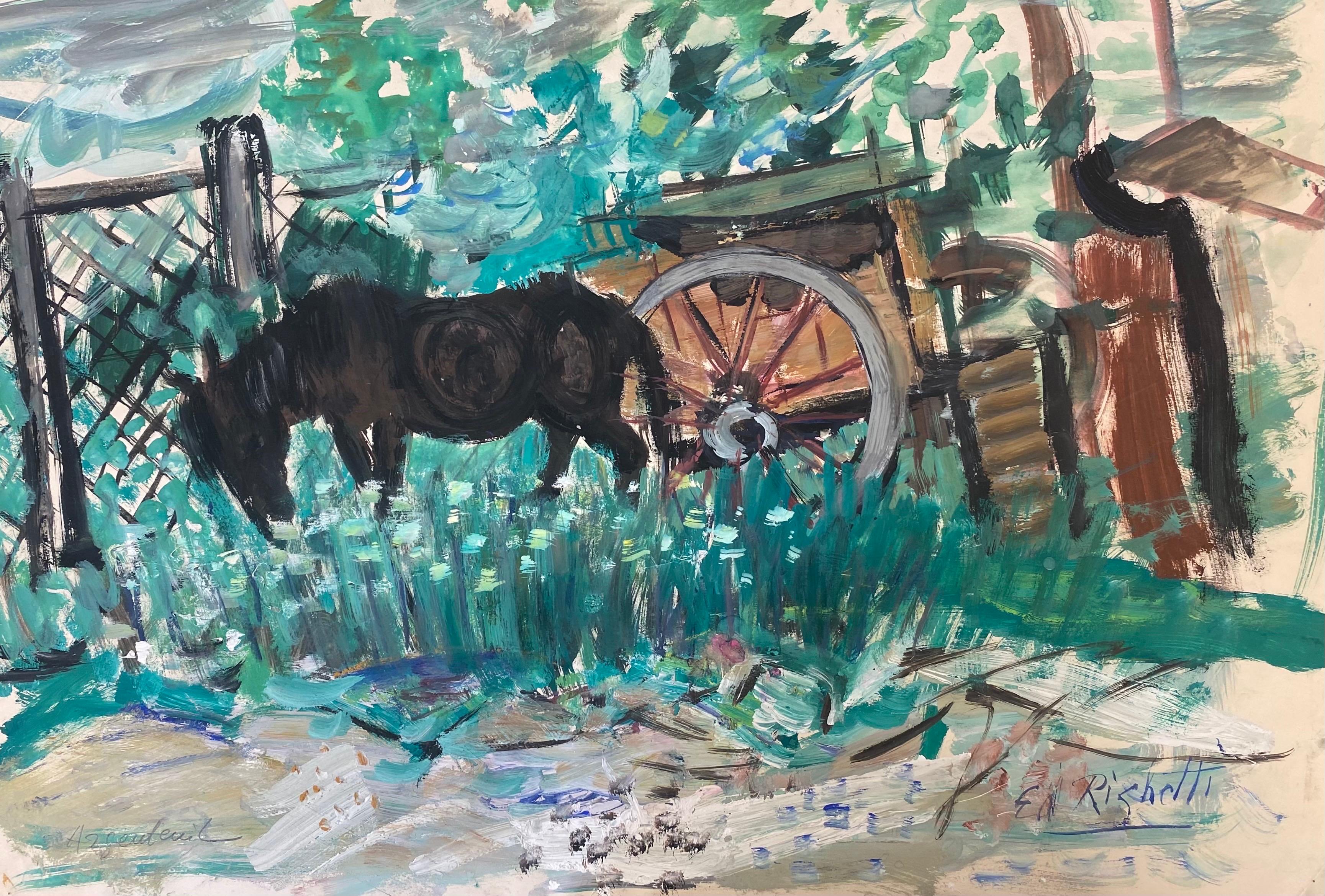 Französisches postimpressionistisches Aquarell-Pferd und Wagen aus der Mitte des Jahrhunderts