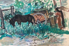 Original French Mid Century Post-Impressionist Watercolour- Horse and Cart