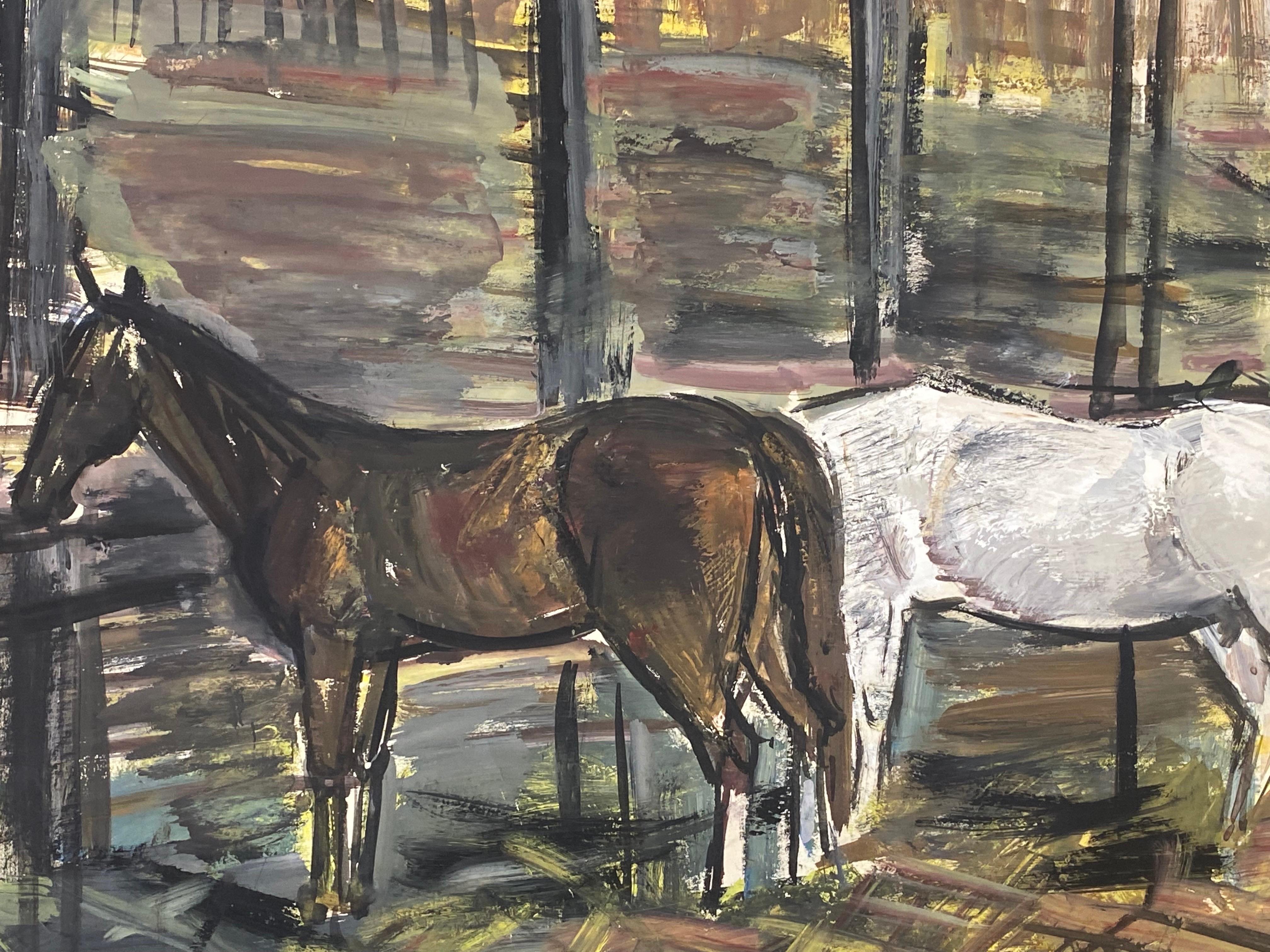 Aquarelle française d'origine post-impressionniste du milieu du siècle dernier - Chevaux nourrissant - Painting de Édouard Righetti (1924-2001)